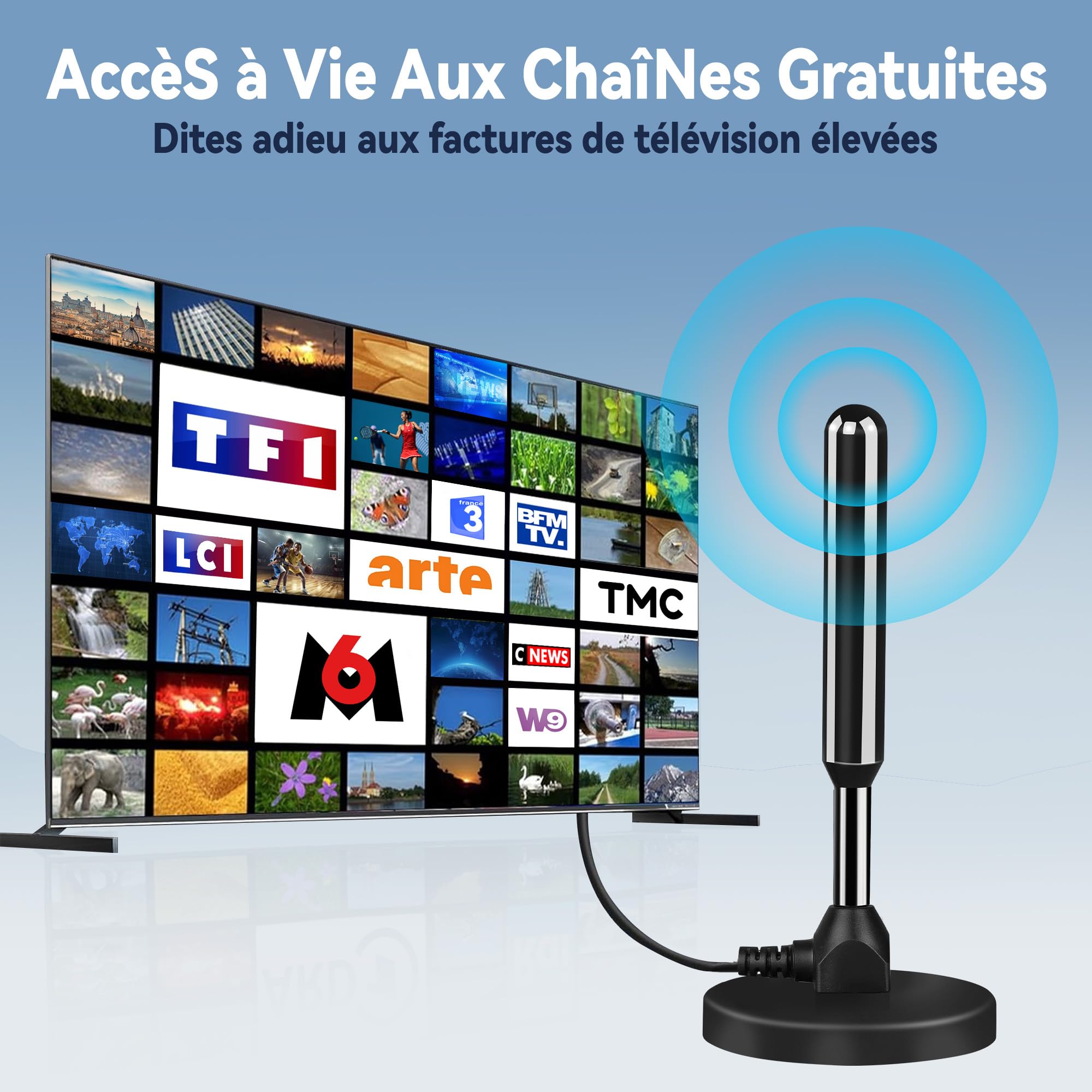 Antenne TV IntéRieur Puissante, Nouveau pour 2026 Antenne TNT IntéRieur Puissante, CâBle Coaxial De 5m, RéCeption Longue Distance 500km, 360 DegréS sans Angle Mort