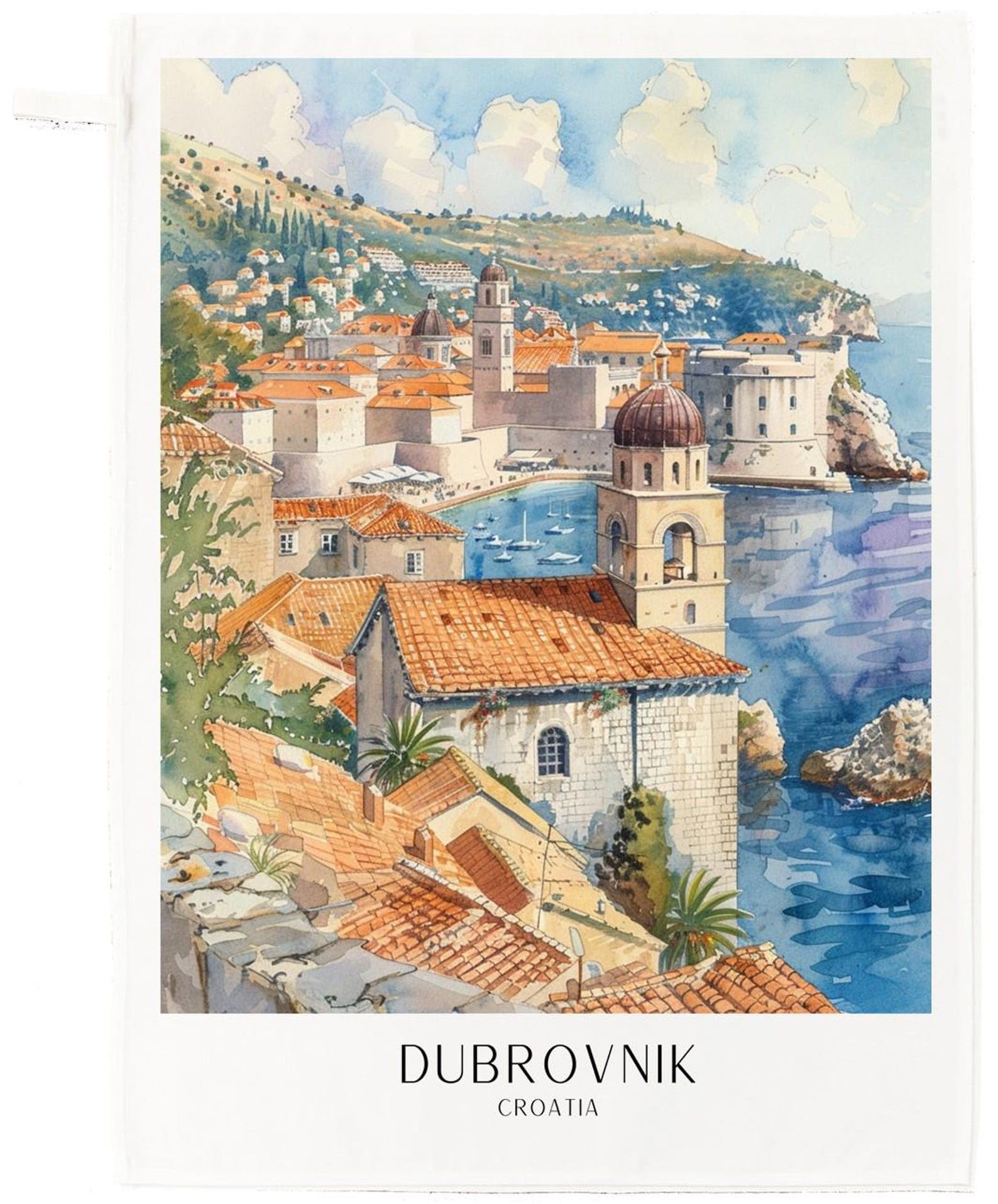 Half A Donkey White Dubrovnik, Croatia, Large Cotton Tea Towel