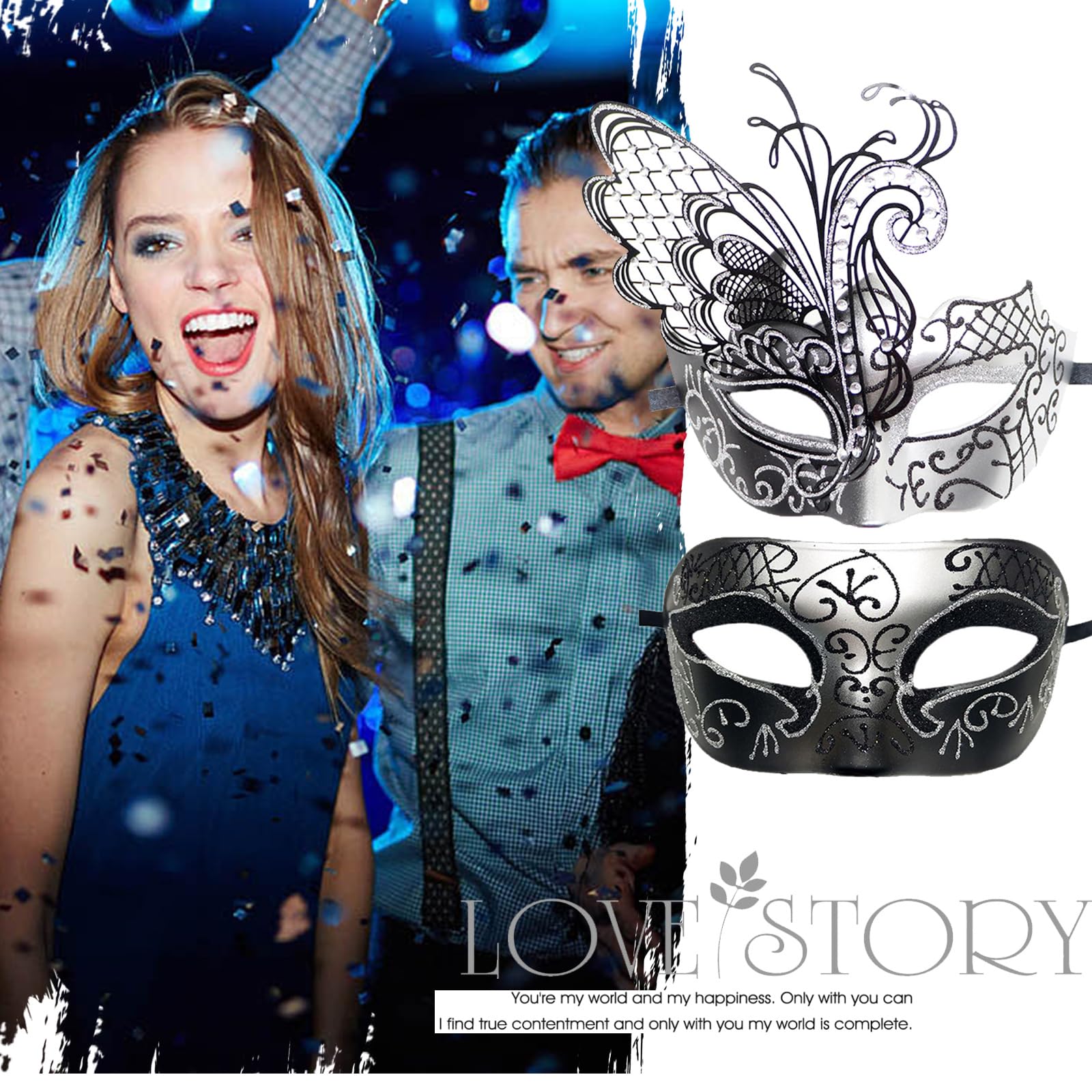 JewelryWe Venetian Carnival Pair Mask: 2 Pieces Ball Masks for Men Women Party Cosplay, Butterfly Silver - Image 5