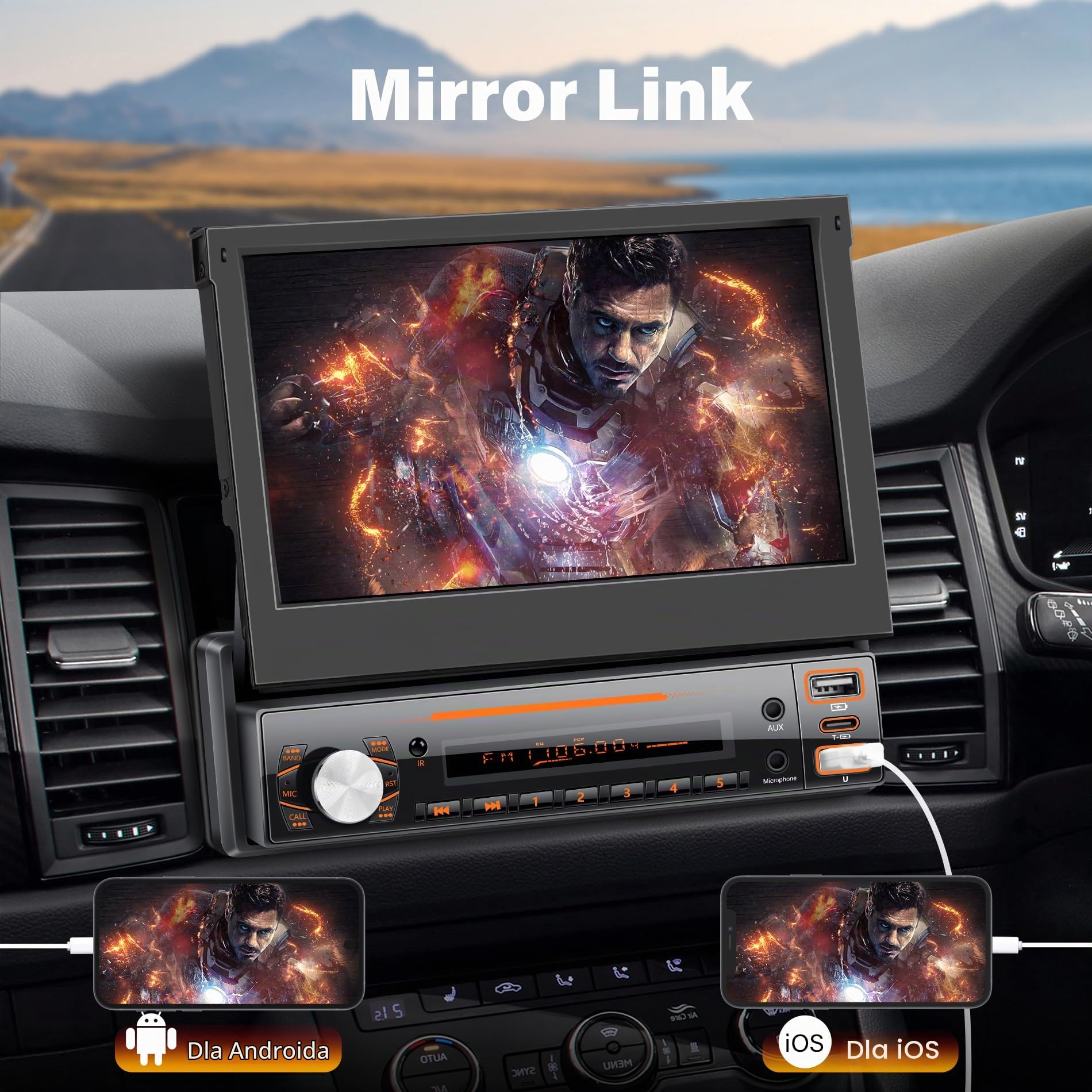 Radio samochodowe 1 DIN z ekranem z funkcją Carplay Wireless i Android Auto, 7-calowy ekran dotykowy Stereo Auto, łącze lustra, FM/AUX/EQ, mikrofon, kamera zapasowa