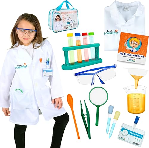 Born Toys Kits de ciencia para niños con capa de laboratorio para niños de 5 a 8 años, incluye experimentos científicos para niños, juguetes