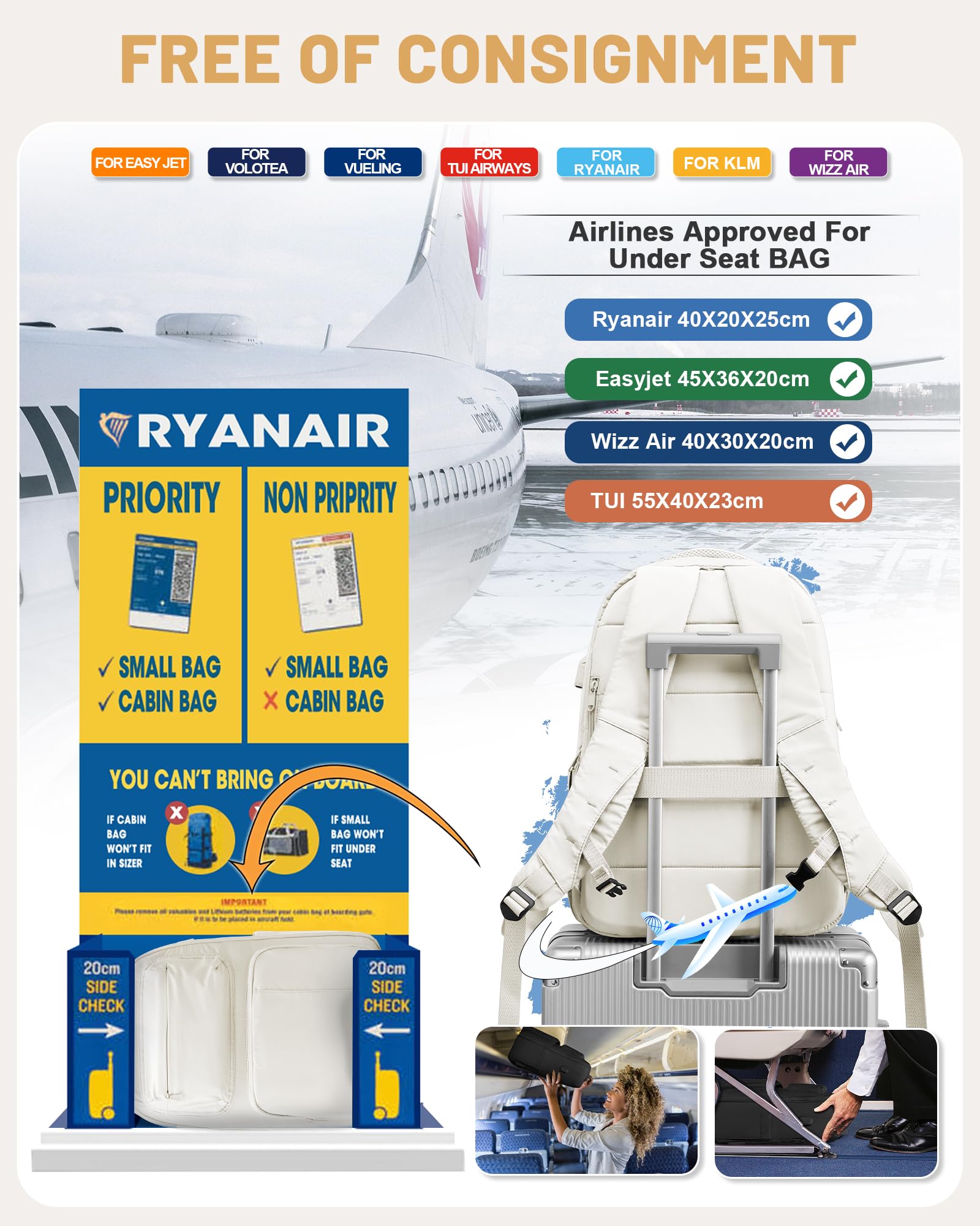 Zaino Sottovuoto Viaggio Con Pompa, Zaino Ryanair Easyjet 45x36x20 Con Sottovuoto Incorporato, Zaino Da Viaggio Grande Da Donna Uomo Aereo Bagaglio a Mano Beige