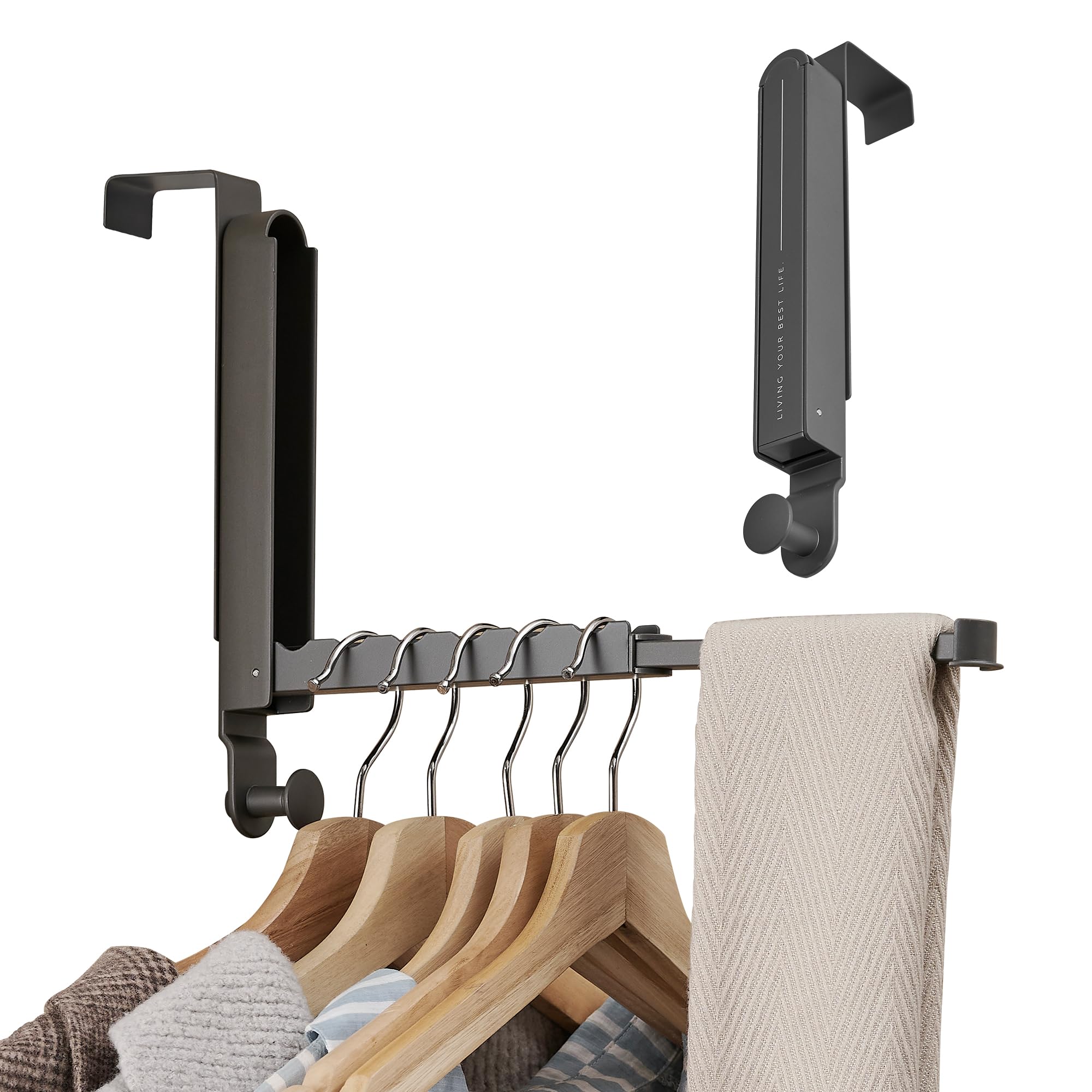 Over The Door Hooks Hanger Fit Door up to 46mm Optimal 2pc,Over The Door Hanger with Retractable Rod,Foldable Over The Door Drying Rack for Laundry Bathroom Bedroom Travel Hangers(Space Grey, 2 Pack)