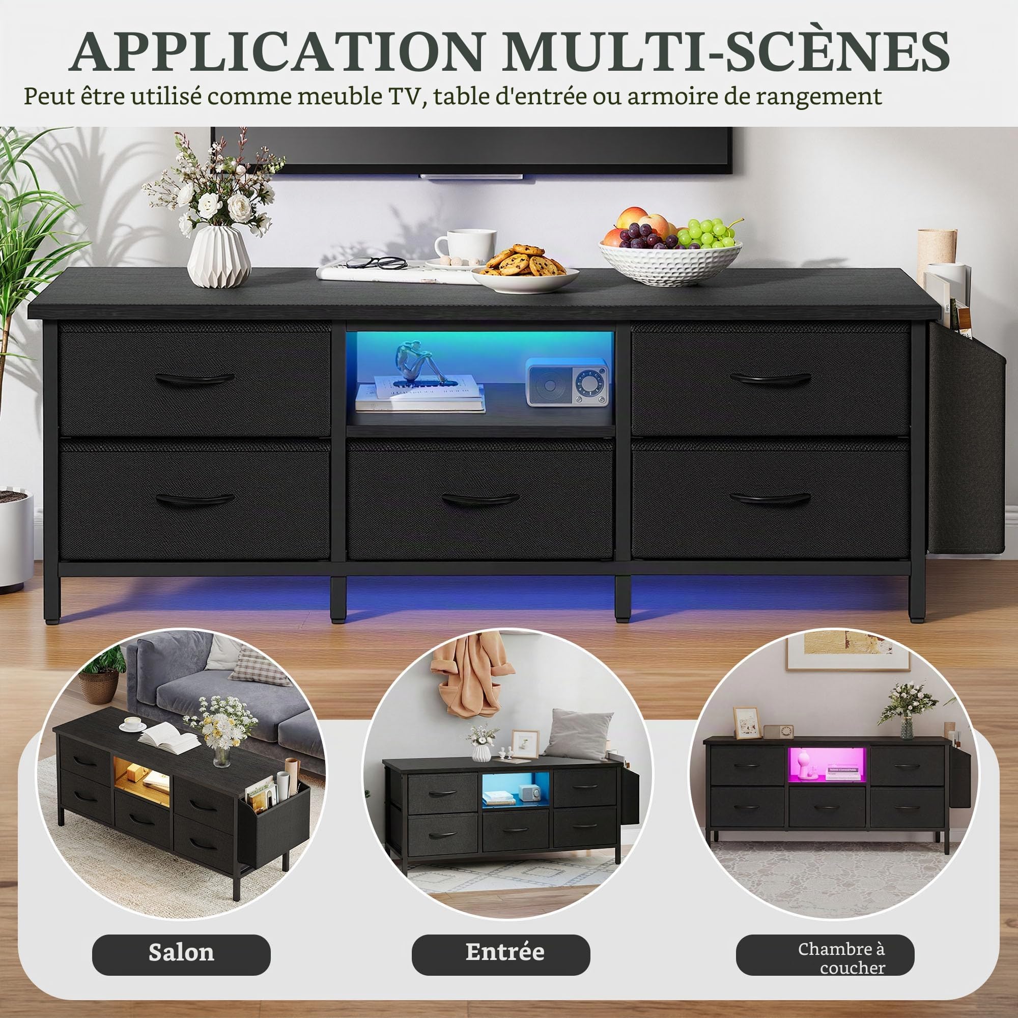YITAHOME Meuble TV pour Salon avec 5 tiroirs Pliables et étagères - Meuble TV avec éclairage LED RVB - 145 x 35 x 50 cm - Noir