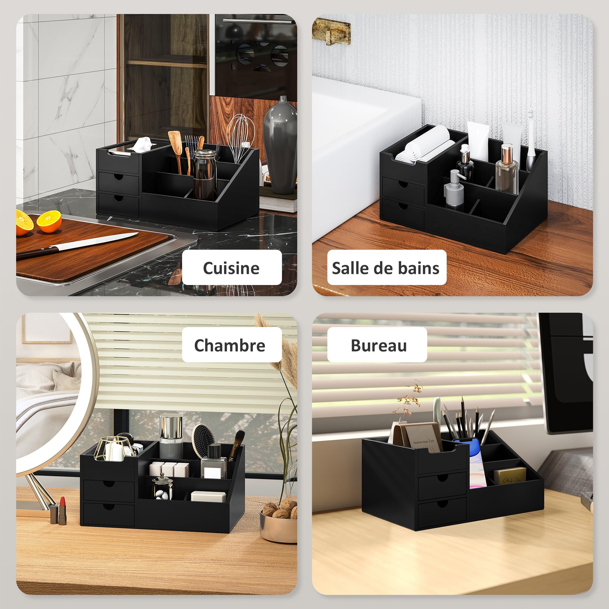 HOMCOM Boite de Rangement de Bureau - Organiseur de Bureau - 7 Compartiments, 2 tiroirs - Bambou Verni, Noir