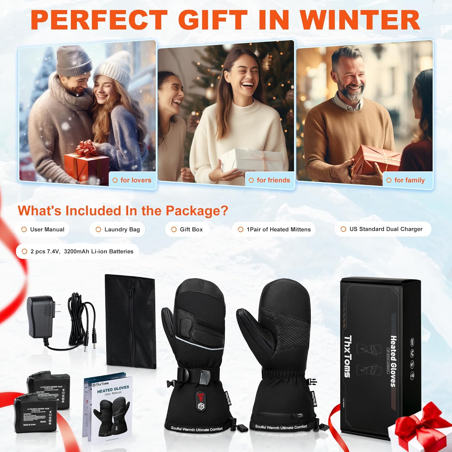 ThxToms Heated Mittens for Men Women, Rechargeable With Touchscreen, 7.4V 3200mah Waterproof Winter Gloves for Skiing, Snowboarding, Fishing, Camping, Hiking