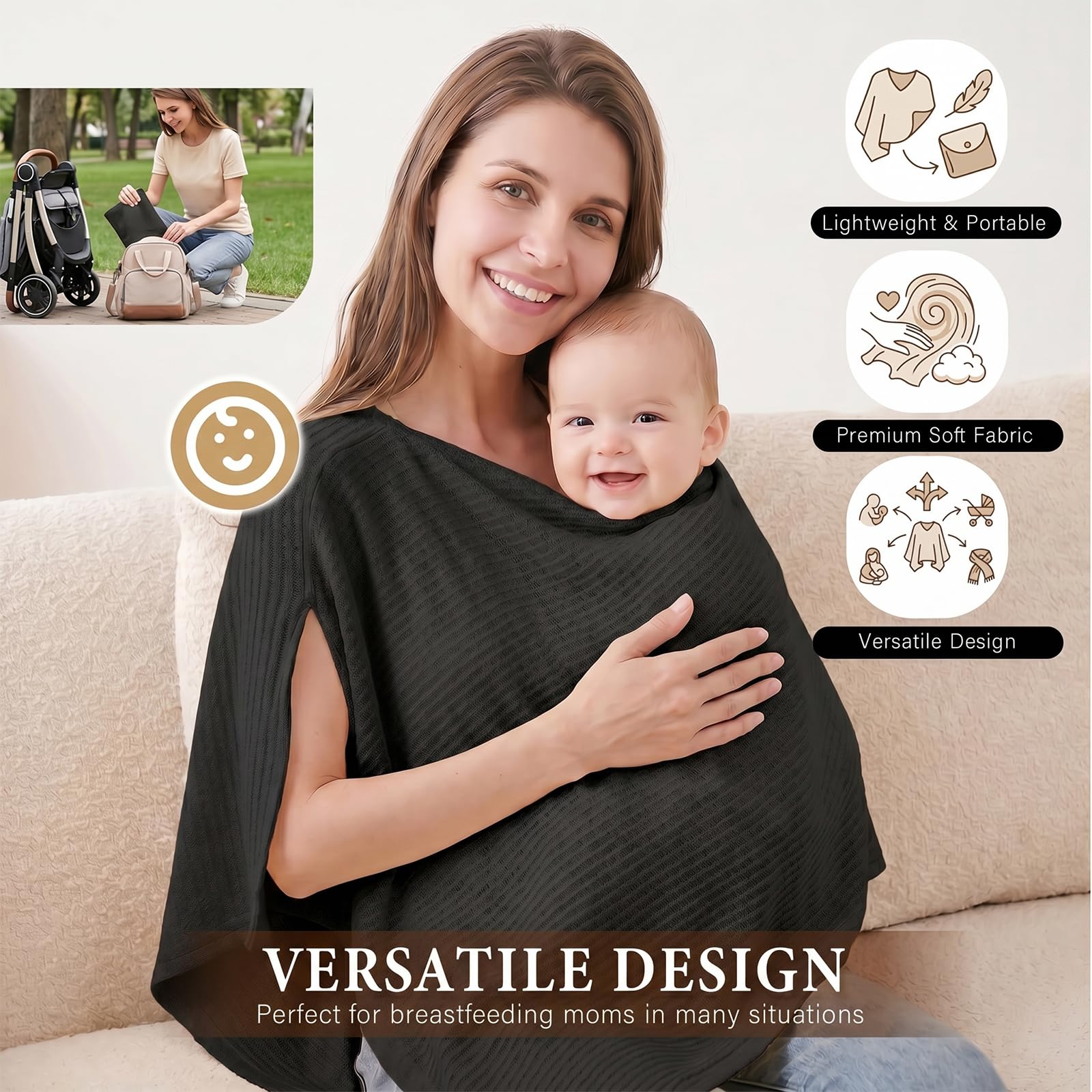 Stilltuch für unterwegs, Stillschal Still Tuch Atmungsaktiv Breastfeeding Nursing Cover, 360° Sichtschutz Stillschal für unterwegs Decke (Schwarz)