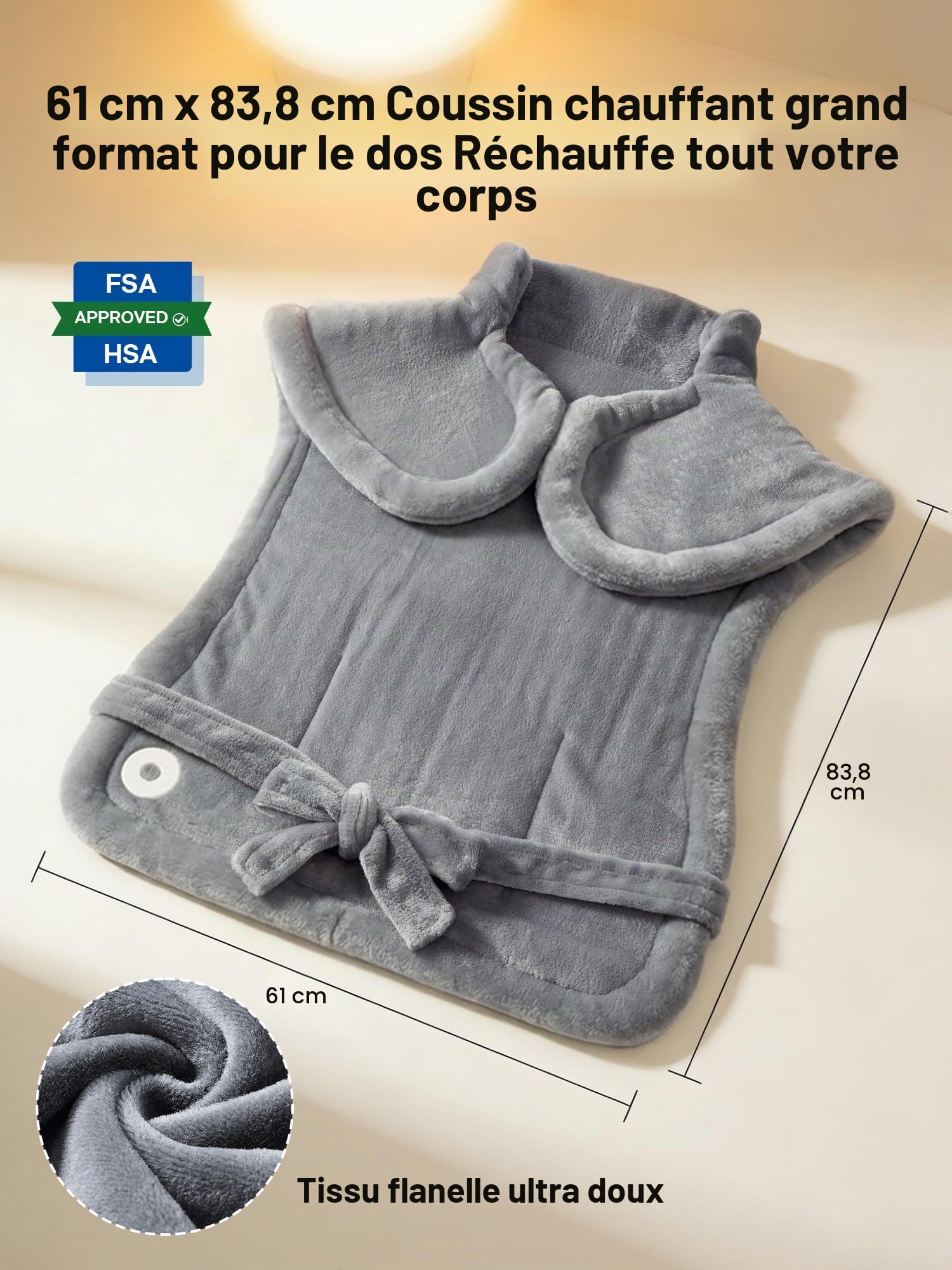 Coussin chauffant pour soulager les maux de dos, 24" x 33", coussin chauffant pour le cou et les épaules, chauffage rapide avec 6 réglages, arrêt automatique, cadeau pour femme - lavable (Moyen)