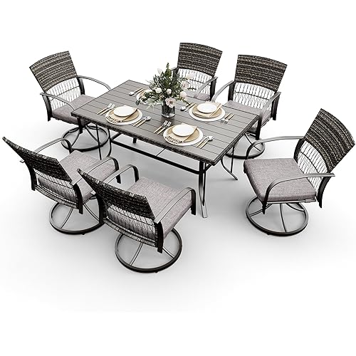 Pamapic 7 Piece Patio Dining Set for 6,Wicker Outdoor Furniture Set for Backyard Garden Deck Poolside with Iron Slats Table Top,6 Cushions Swivel Rocker Chairs,Removable Cushions(Gray)