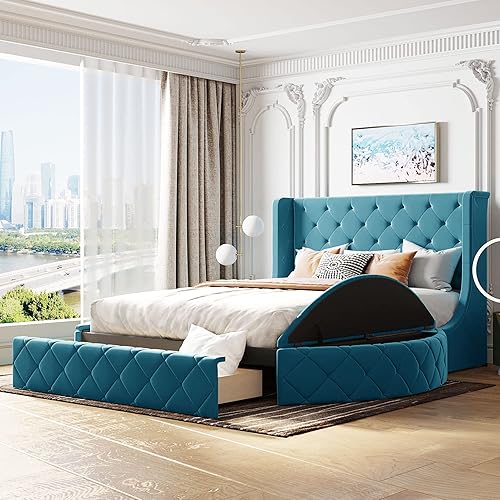 Miniatura 10 de Aiuyesuo Elegante cama tapizada de terciopelo con 1 cajón grande y 2 taburetes de almacenamiento laterales base de colchón de plataforma tamaño
