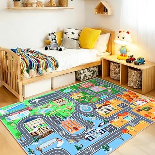 Kinder Autoteppich für Spielzimmer 120 x 160cm, Waschbare Spielmatte | Straßenteppich Kinder, Rutschfester Kurzflor Teppich für Kinderzimmer, Spielteppich für Jungen und Mädchen