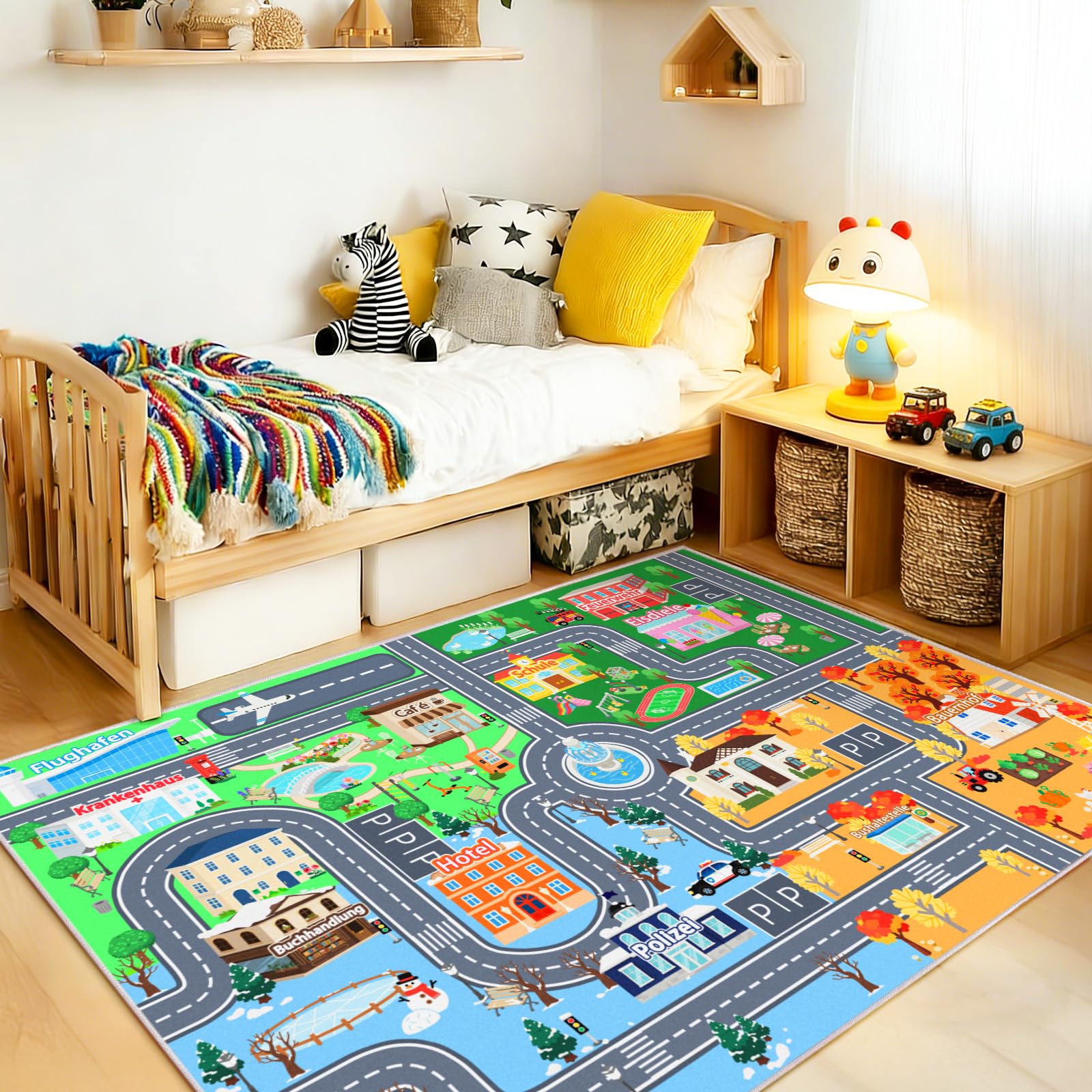 Kinder Autoteppich für Spielzimmer 120 x 160 cm, Waschbare Spielmatte | Straßenteppich Kinder, Rutschfester Kurzflor Teppich für Kinderzimmer, Spielteppich für Jungen und Mädchen