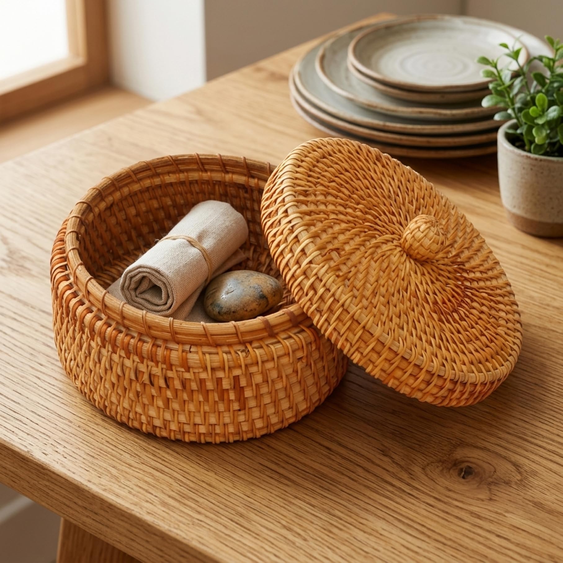 Wicker Baskets for Storage, 5.5inch Wicker Storage Baskets with Lid, Rattan Woven Decorative Box for Snacks, Fruits, Breads (Round)