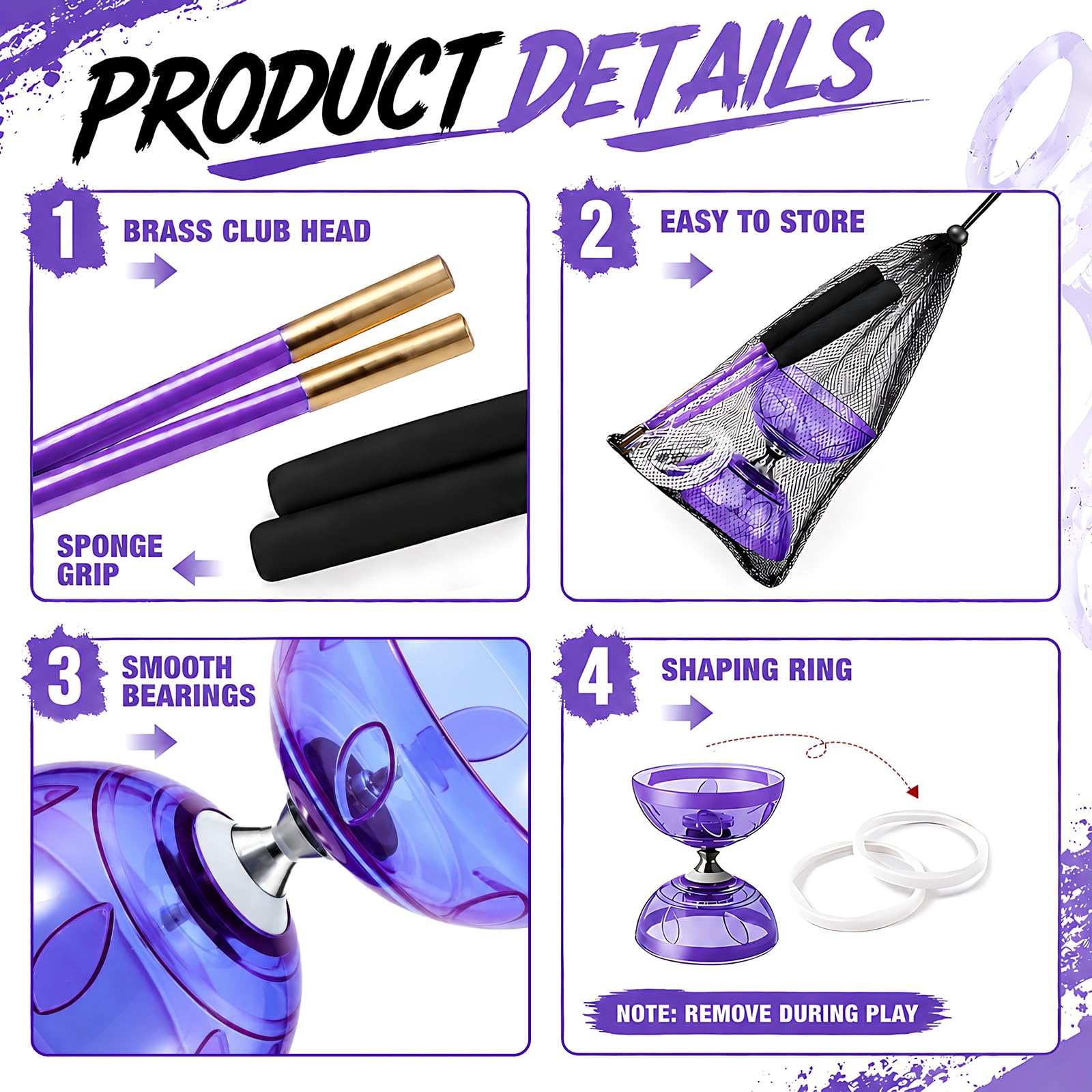 Diabolo Roulement à Billes, Diabolo Lumineux, Kit Lumineux Diabolo avec Corde de 10 M, Ensemble de Jonglage à Roulements à Billes pour Débutants et Professionnels (Violet)