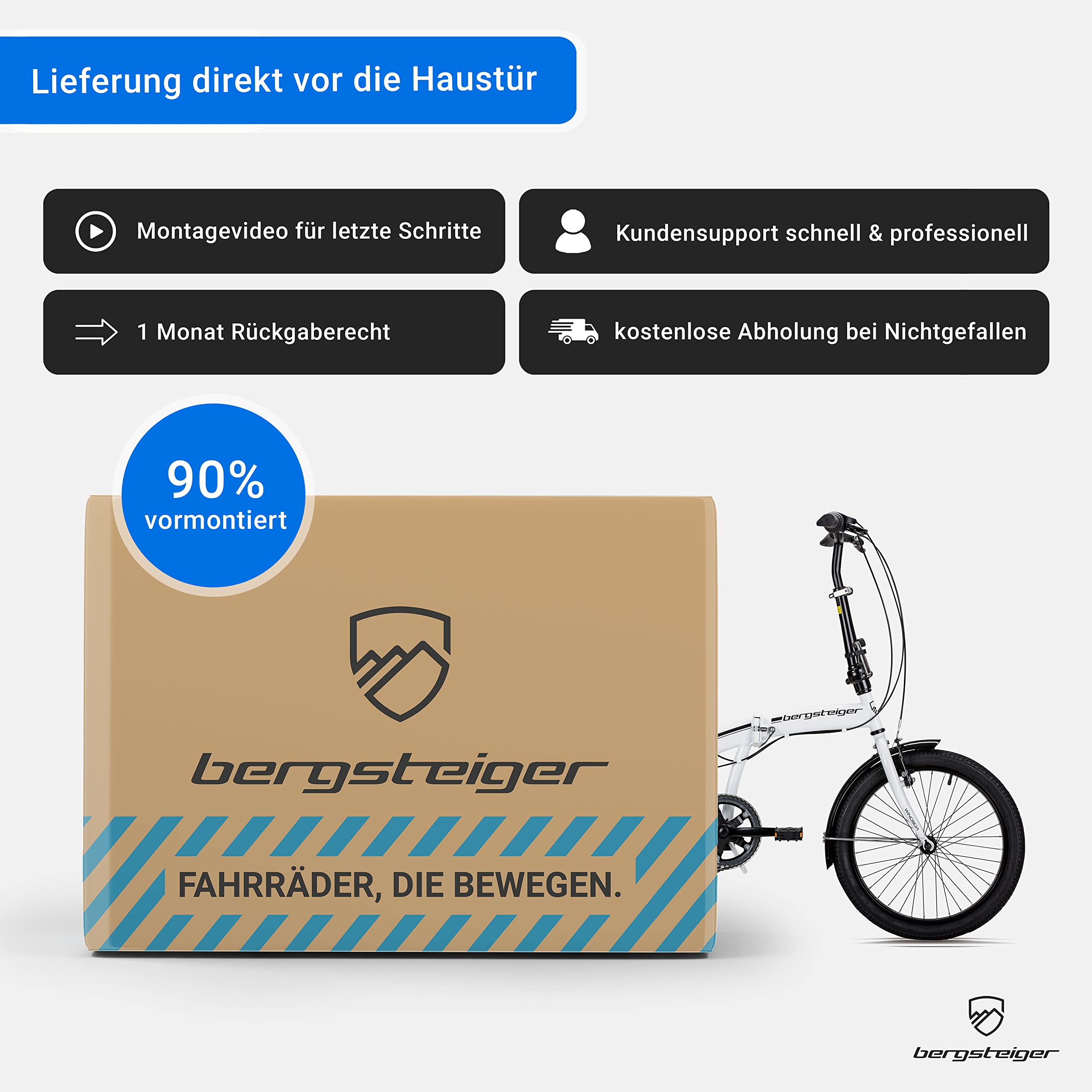 Bergsteiger Windsor 20 Zoll Faltrad Klapprad mit Quick Fold System | Flexibler Begleiter für Camping und Bahn von 145 bis 185 cm Größe. Mit 6 Gängen, LED-Licht und zu 90 Prozent vormontiert.