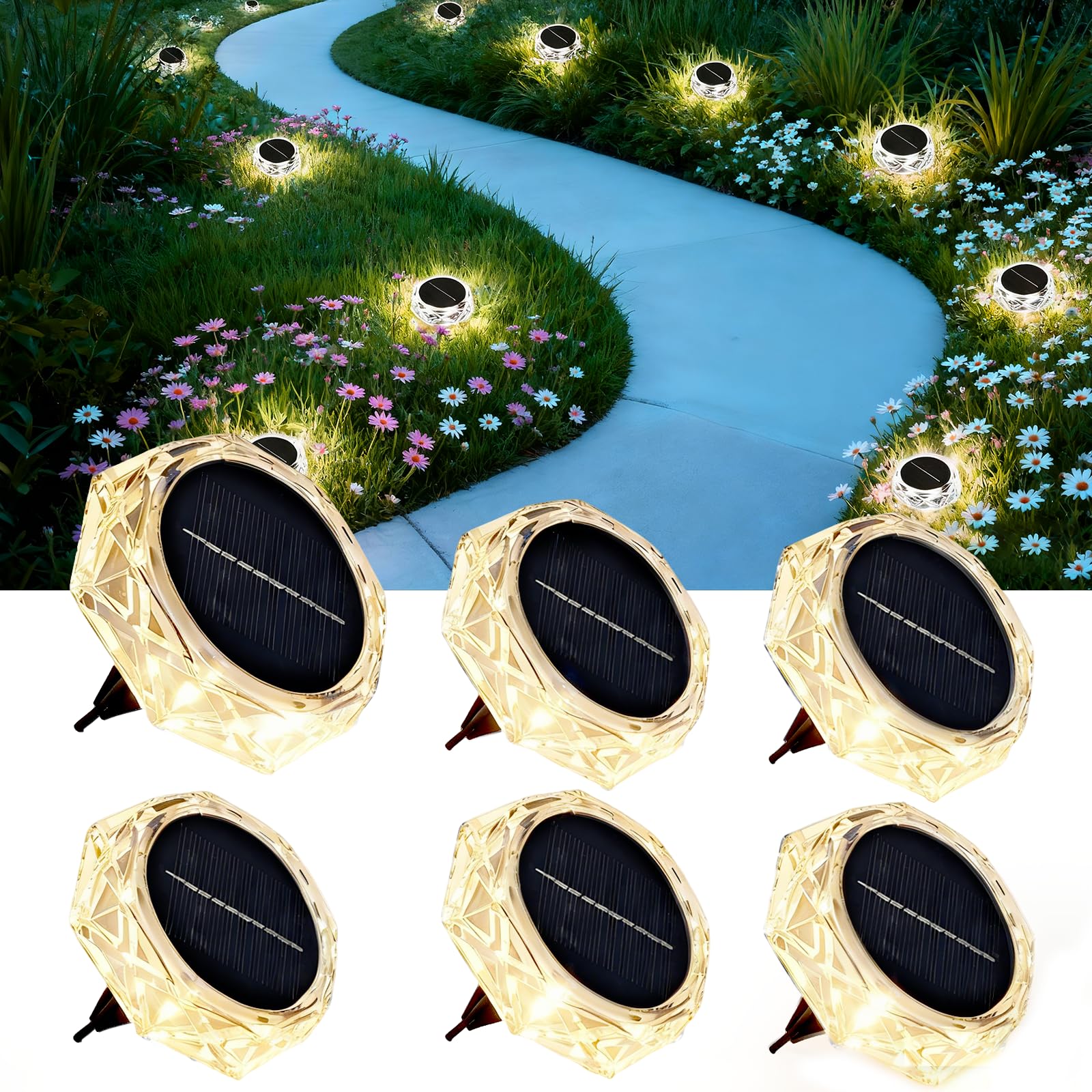 Hqynss 6 Stück Solar Bodenleuchten Aussen, 8 LED Gartenbeleuchtung Solar IP65 Wasserdicht Boden Solarleuchten, Solarlampen für außen Garten Rasen Patio Auffahrt, Warmweiß