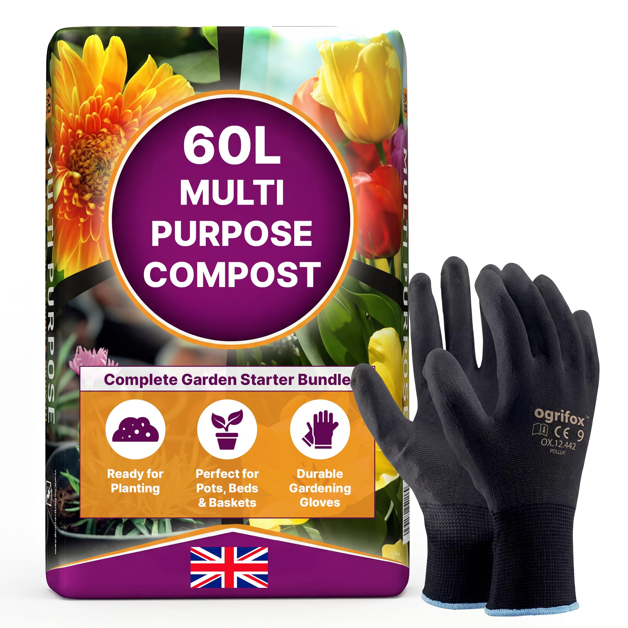 Logs Online Multi Purpose Compost Garden Bundle – 60L Potting Compost & Potting Soil with Gardening Gloves – Soil for Indoor Plants, House Plants, Garden Pots & Outdoor Pots