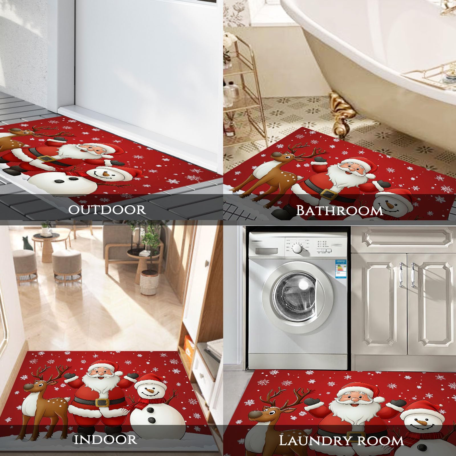 Felpudo Entrada Casa 90x150cm Alfombrilla Antideslizante Papá Noel, Los Renos Y El Muñeco De Nieve, Alfombra Absorbente Tema Navideño para Puerta Interior y Exterior, Pasillo, Oficina - Rojo