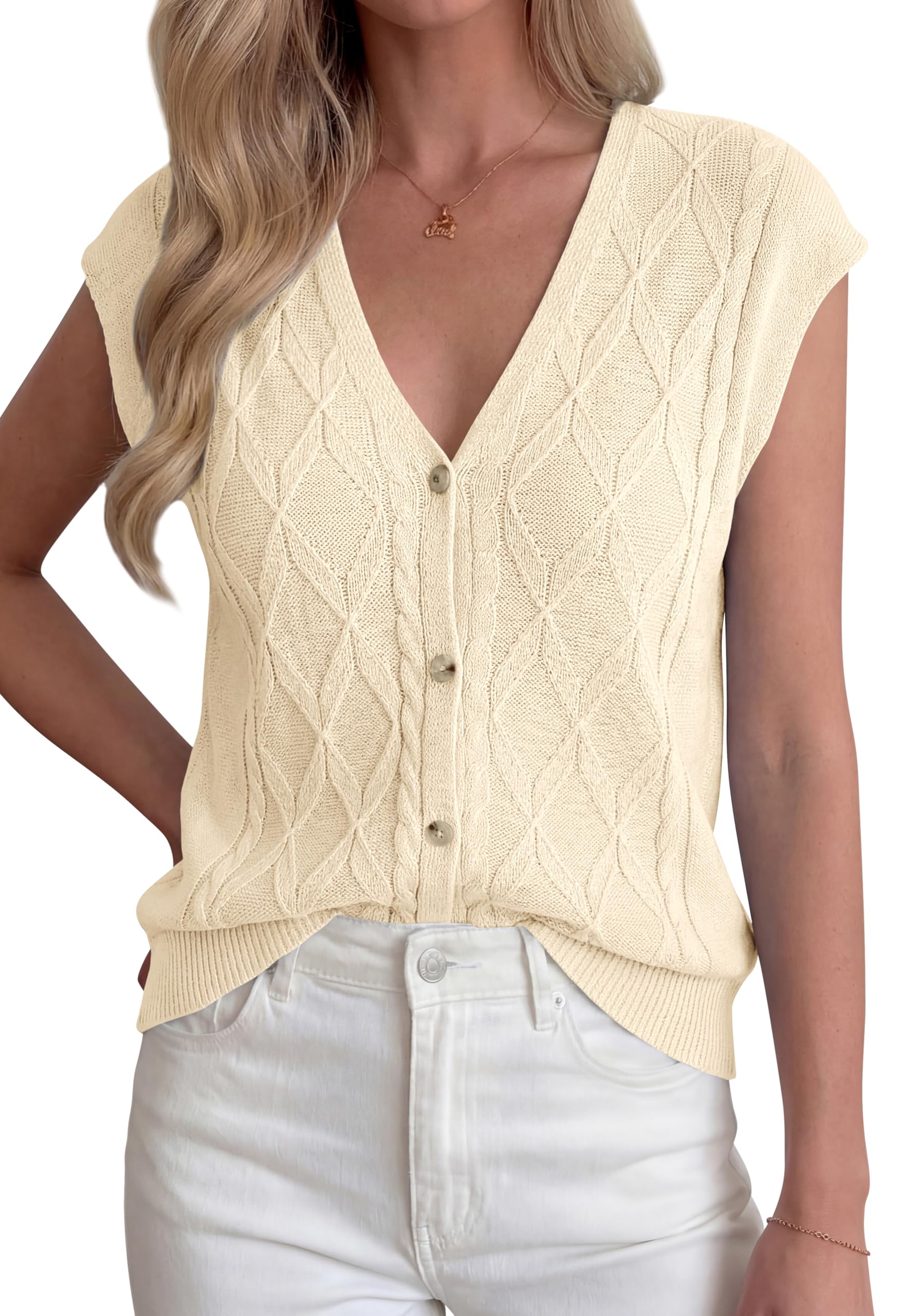BTFBM Sweater Vest Women V Neck Cap Sleeve Button Down Knit Tops Spring Summer 2026 Loose Lightweight Cardigan