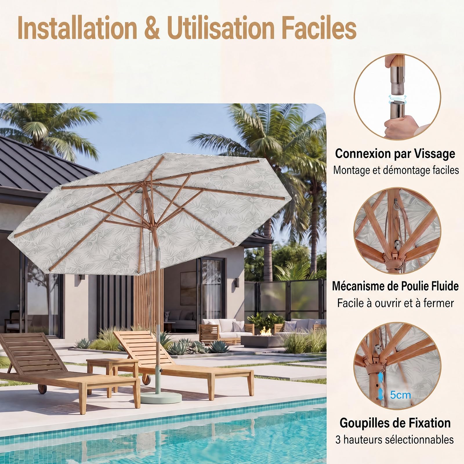 RELAX4LIFE Parasol Inclinable 270CM en Bois, Motif de Plantes Tropicales