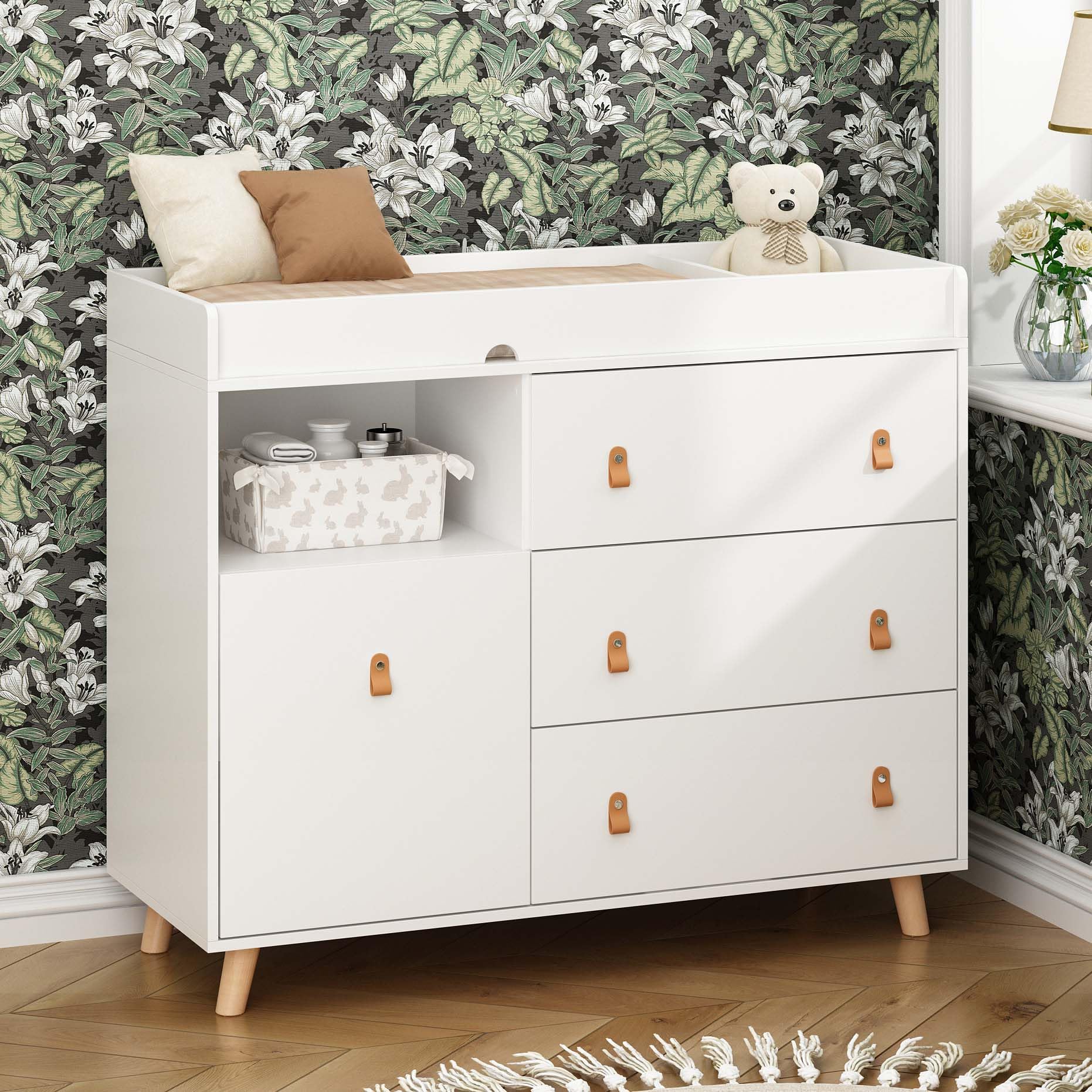 Timechee Baby Dresser Changing Table with Drawers,Shelf,Hidden Laundry Basket Storage,2 in 1 Nursery Dresser Chest for Infants, Baby Diaper Changing Station for Daycare,Bedroom,White