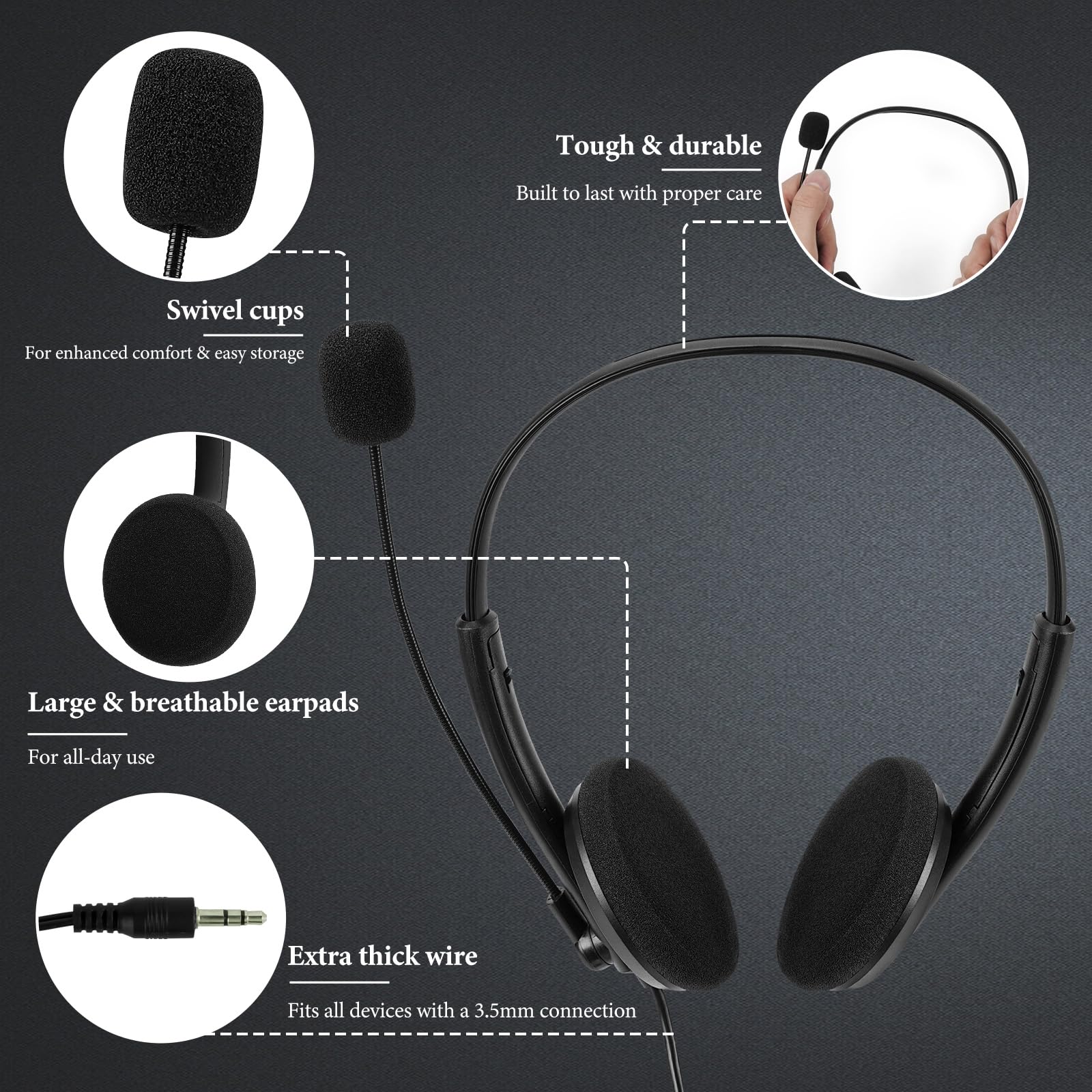 Geekria Cuffie USB con microfono, pulsante mute e controllo del volume, cuffie leggere con cavo per computer, cuffie on-ear con microfono ad asta e spina staccabile da 3,5 mm, confezione da 3, colori