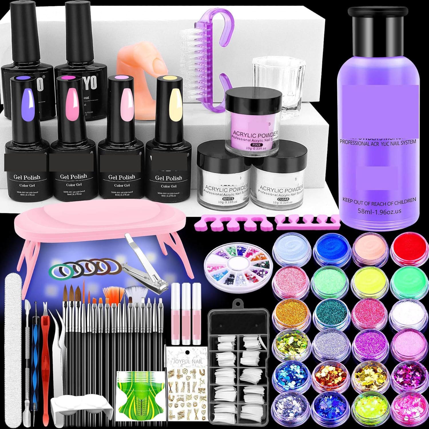 Acrylic Nail Kit with UV Light - 4 Colors Gel Polish & 24 Decorative Powders (Glitter, Sequin, Carving), Complete Starter Set for Beginners, Creative Nail Art Gift Box