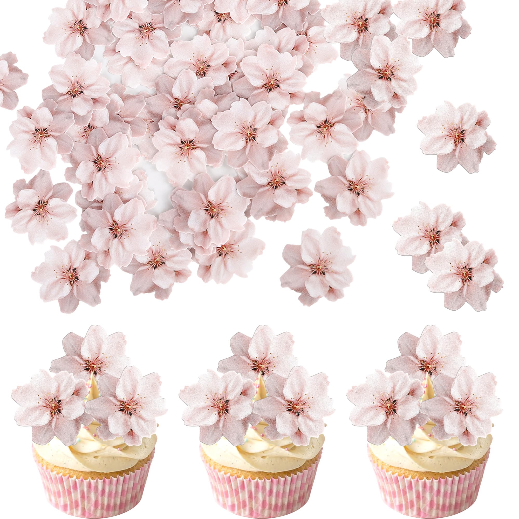 40 Pack Edible Cherry Blossom Cupcake Toppers - Cherry Flowers Cake Toppers Rice Paper Wafer Paper Cake Picks for Bridal Shower Baby Shower Kids Birthday Cake Decorations - Light Pink