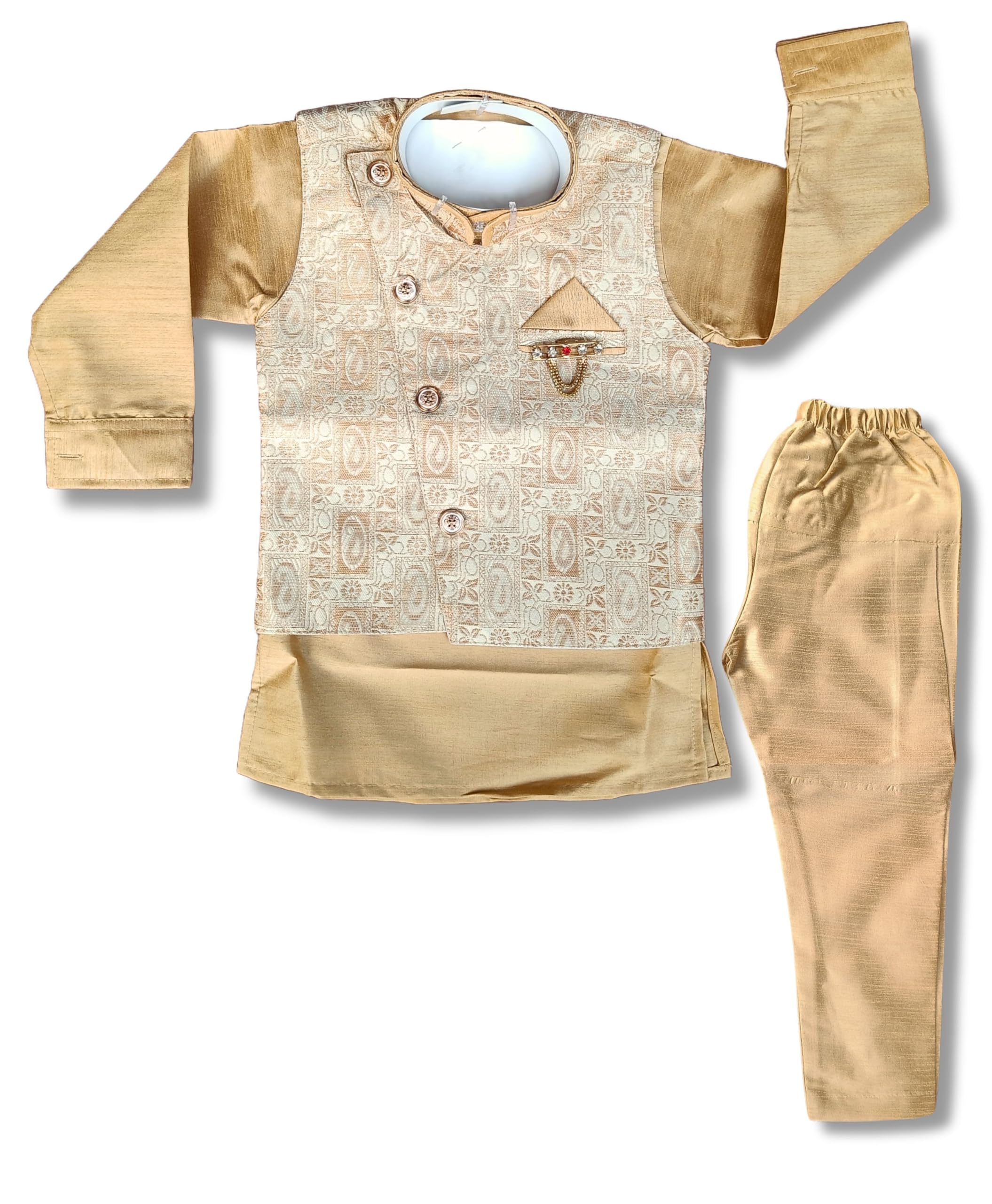 qutie ninja Little Kids Ethnic Wear Kurta Pyjama and Waistcoat Set For Boys | Stylish Ethnic Wear | 3-piece set | Silk and Cotton Blend Fabric-picture-10