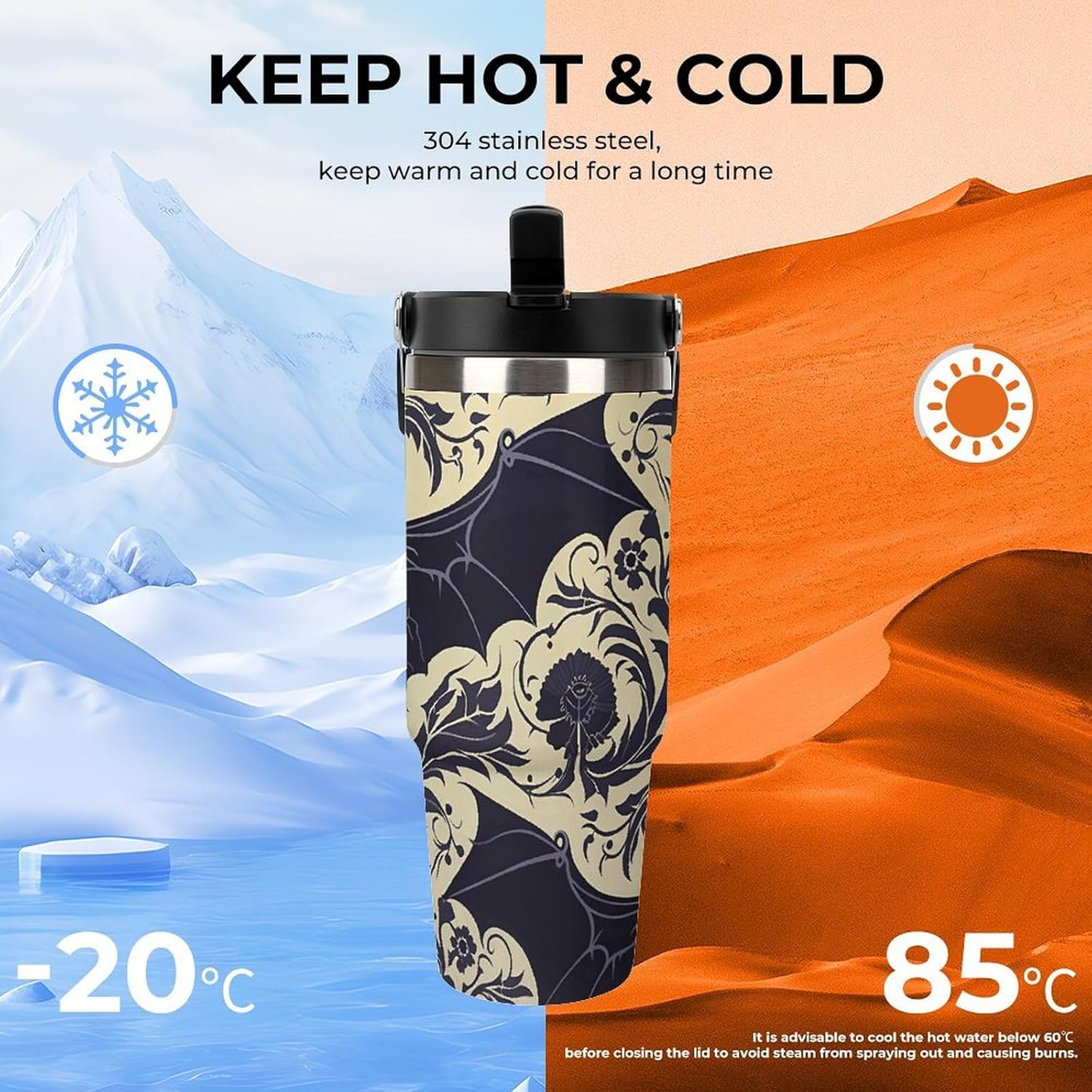 30oz Insulated Tumblers with Top Handle, Stainless Steel Bat Pattern Car Cup with Straw for Gift, Leak-Proof Double Wall Vacuum Travel Mug, Personalized Water Bottles Black