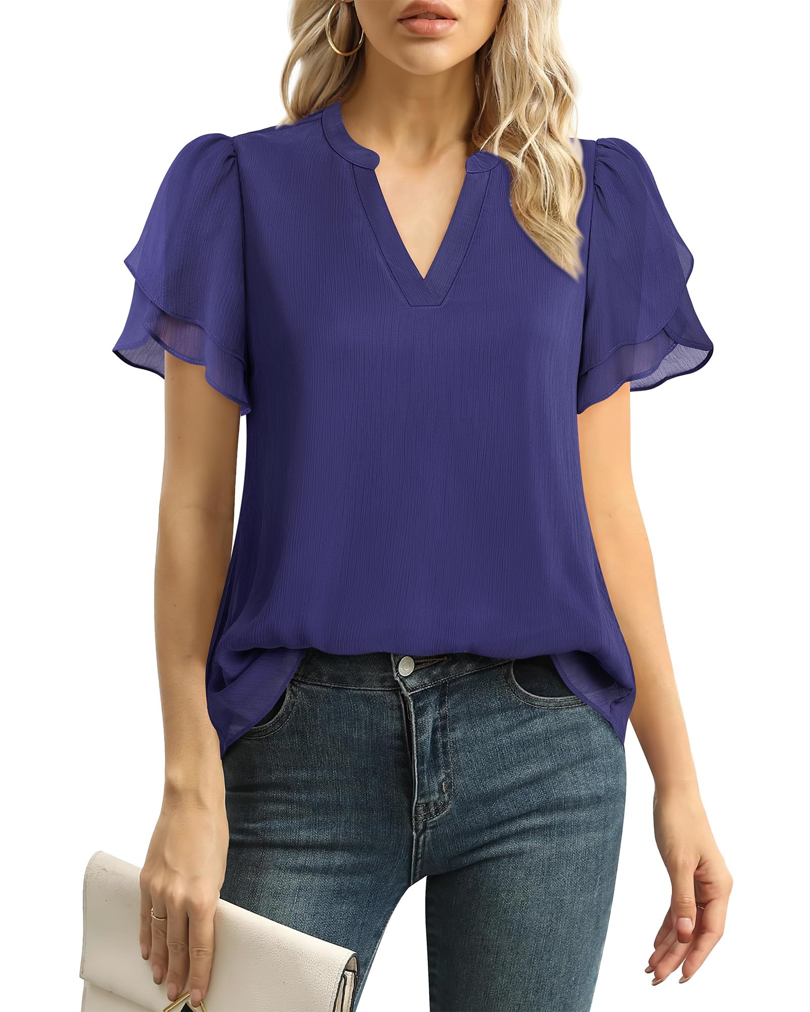 Lotusmile Womens Dressy Chiffon Blouses Summer Puff Petal Short Sleeve Shirts V Neck Casual Work Tops