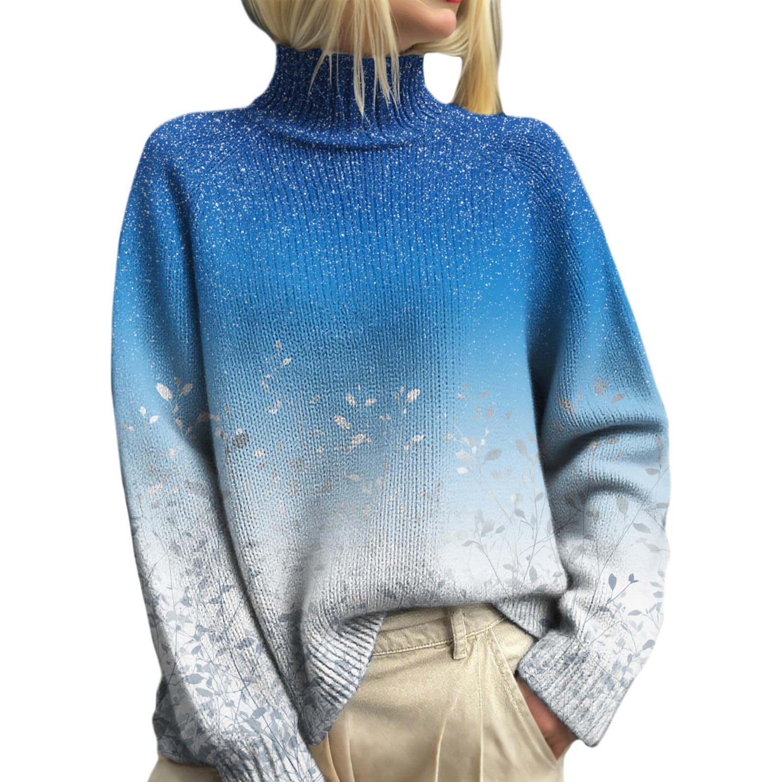 Womens Ombre Floral Print Turtleneck Pullover Sweater - Plus Size Long Sleeve Casual Fall Winter Tops