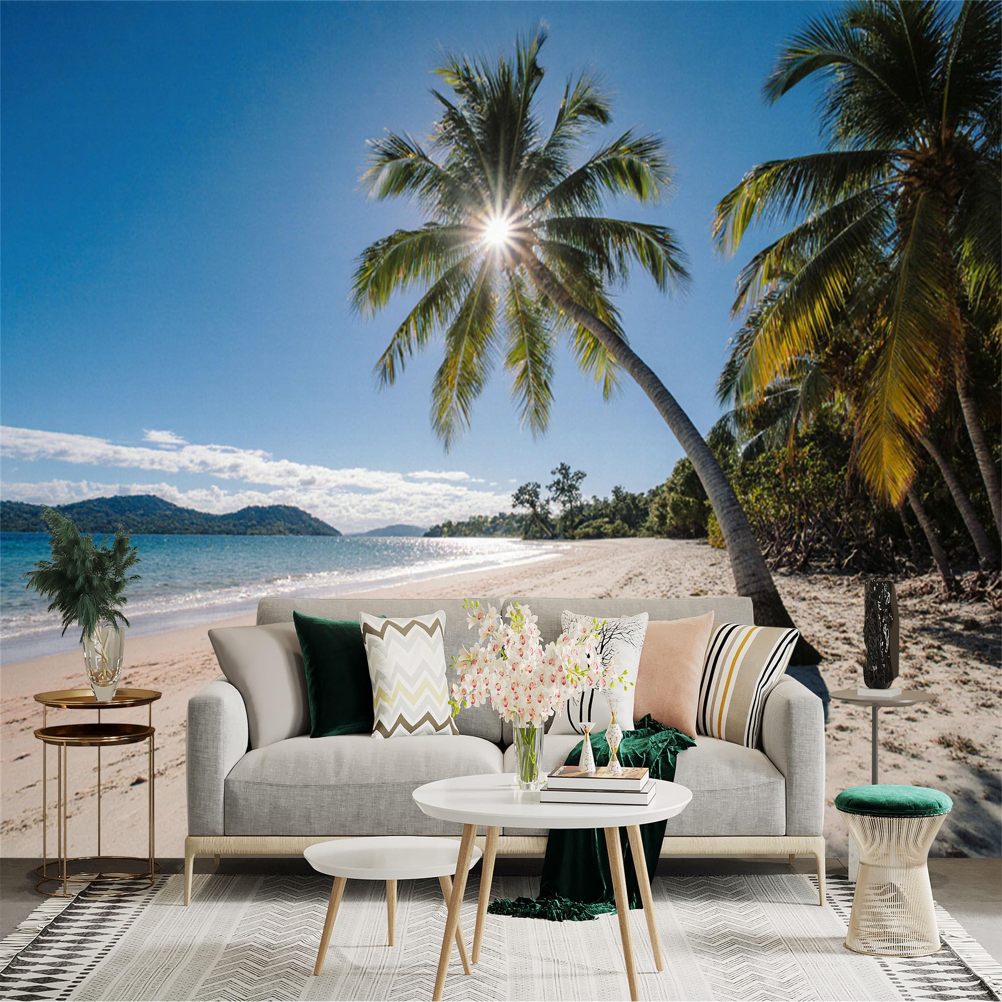 Custom Size Wall Sticker Mural， Tropical Beach with Palm Tree， Sunburst Over Ocean， Summer Coastal Scenery， for wall Decoration， peelandstick wall Decals.