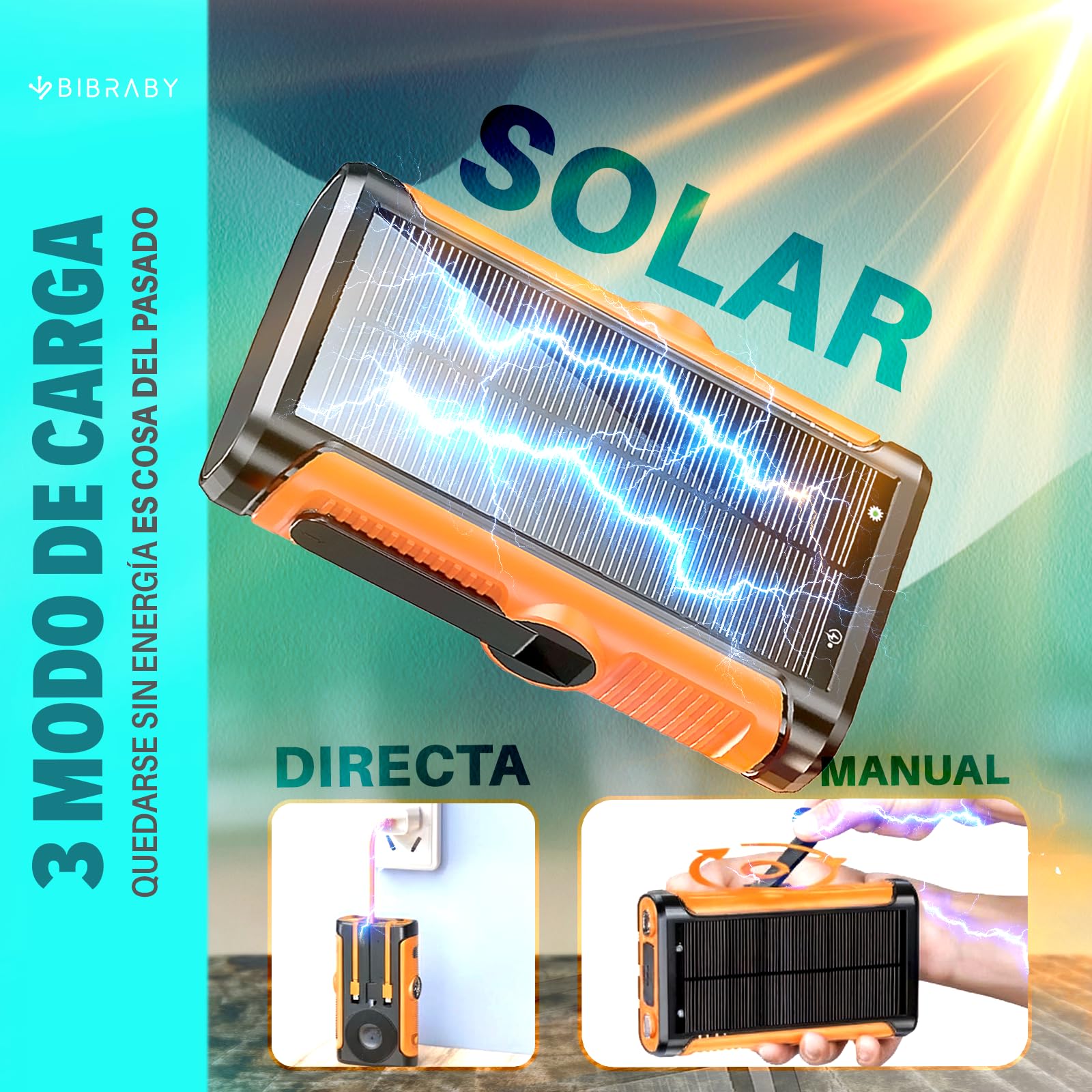 Super Power Bank Solar INALÁMBRICA 3 En 1 De 26800mAh + Manivela para Recarga De Emergencia + 5 Puertos De Carga Rápida 22,5W | Cargador Solar | Cargador Portatil |Bateria Solar Portatil