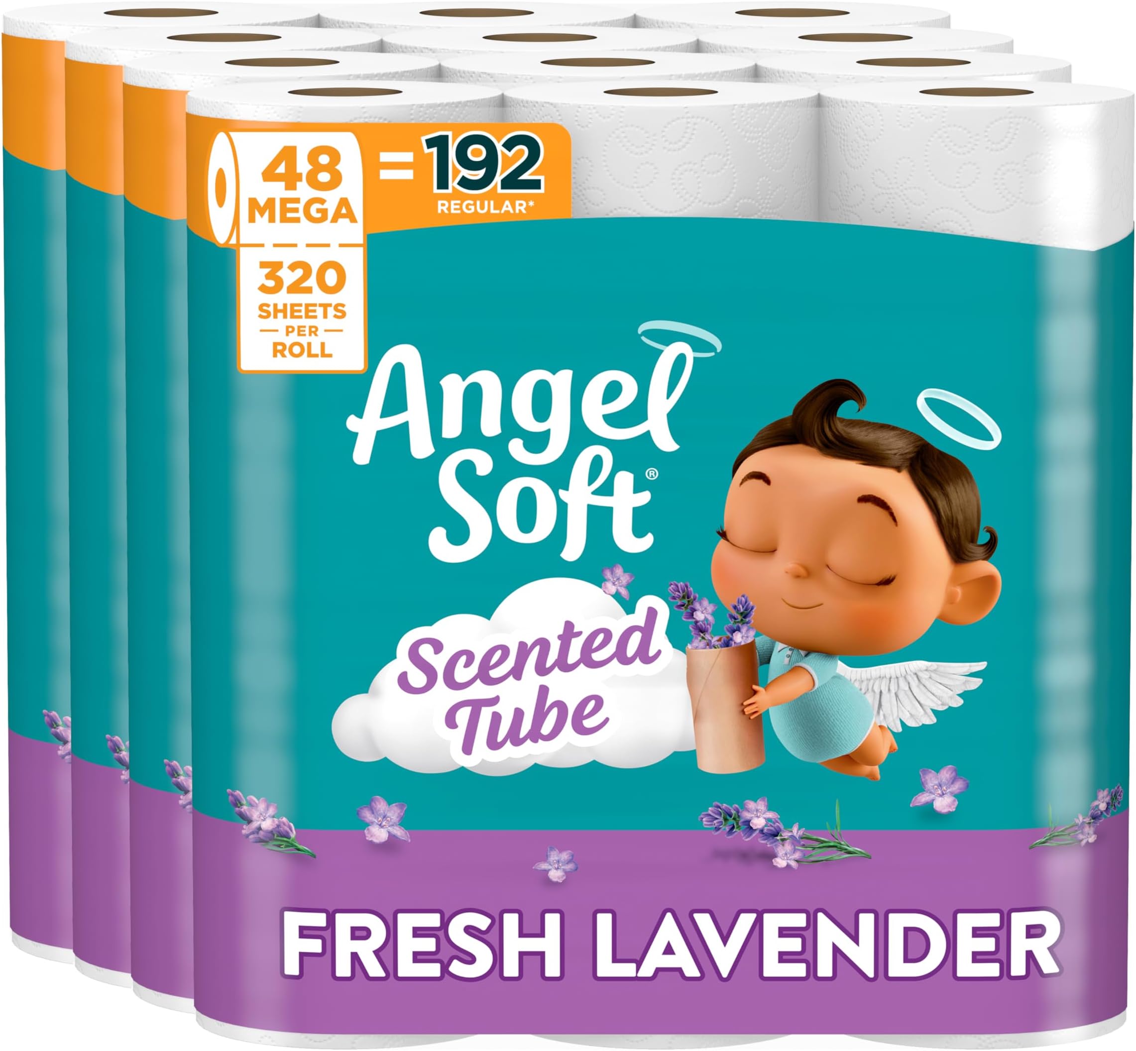 Angel Soft Toilet Paper with Fresh Lavender Scented Tube, 48 Mega Rolls = 192 Regular Rolls, Soft and Strong Toilet Tissue