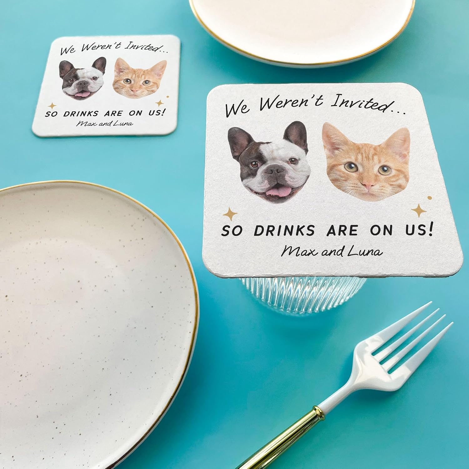 Big Dot of Happiness Custom Photos Drinks on Us Pet Wedding Drink Coasters, 4-Inch Disposable Round Paper Coasters for Weddings, Custom Funny Cocktail Table Decor for Bar Drinks - Set of 25