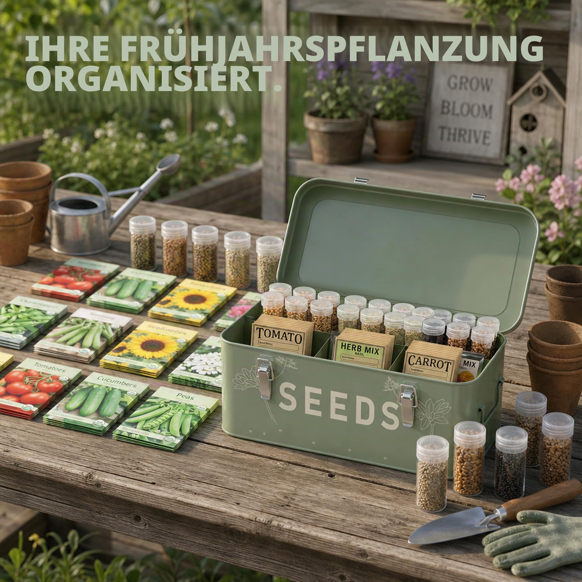 Orionstar Metall-Samenaufbewahrungs-Organizer-Set mit 30 Flaschen & Umschlägen, 4-Fach-Verriegelungsbox für Gartenbau, Aufbewahrung von Erbstück-Blumen und Gemüse, Vintage Dunkelgrün, Gärtner-Geschenk