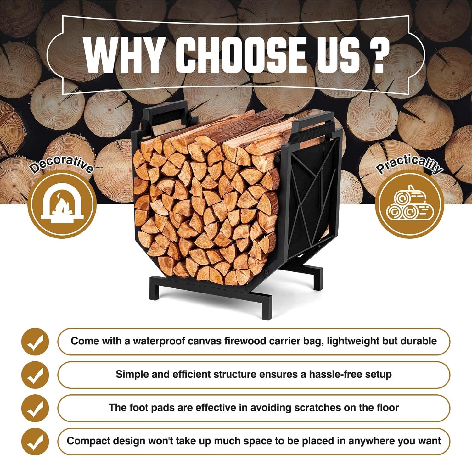 Firewood Rack Outdoor Indoor - Firewood Holder with Canvas Log Carrier Heavy-Duty Sturdy Waterproof Wood Storage Firewood Organizer for Fireplace Decor