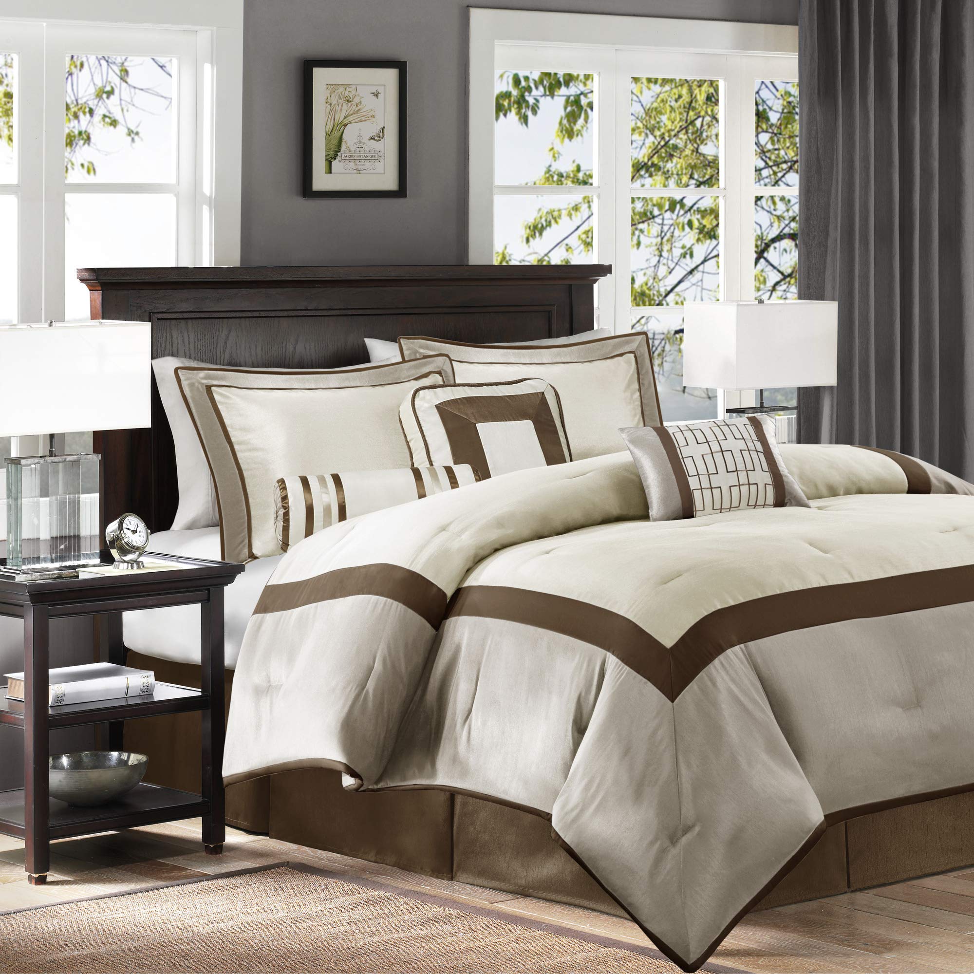 Madison Park Cozy Comforter Set-Deluxe Hotel Collection, All Season Down Alternative Luxury Bedding with Matching Shams, Decorative Pillows, Queen(90"x90"), Genevieve, Taupe/Brown 7 Piece