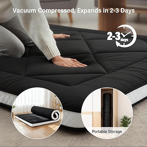 Miniatura 7 de Welnow Colchón de futón tamaño Queen, antideslizante, plegable, para acampar e invitados, color negro, tamaño individual