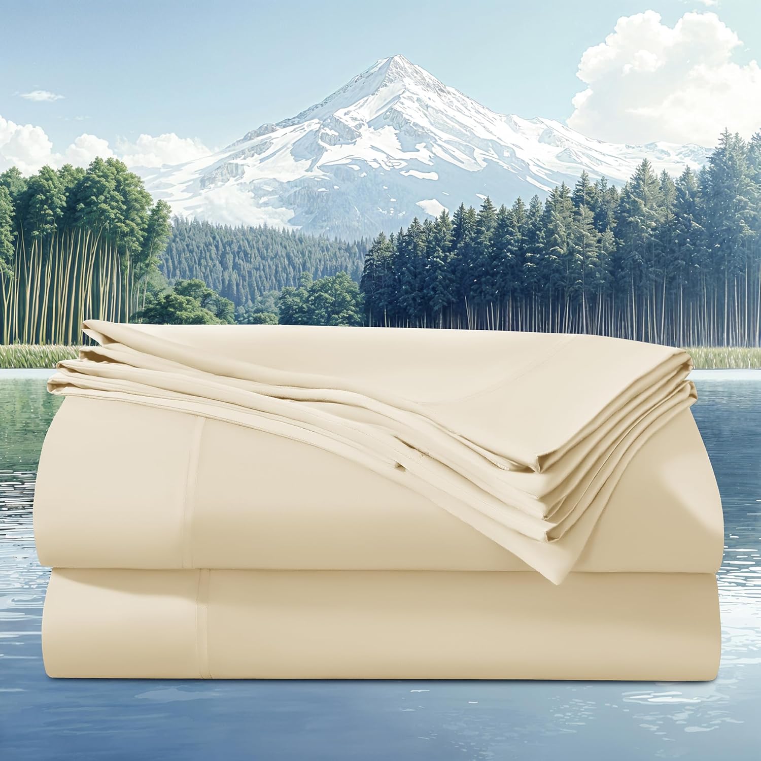 100% Viscose Derived from Bamboo_Sheets King Size 4pcs, Cooling & Breathable Bed Sheets for Hot Sleepers, Hotel Luxury Silky Bedding Sheets, 16" Deep Pocket-93ZF(Beige) Beige King