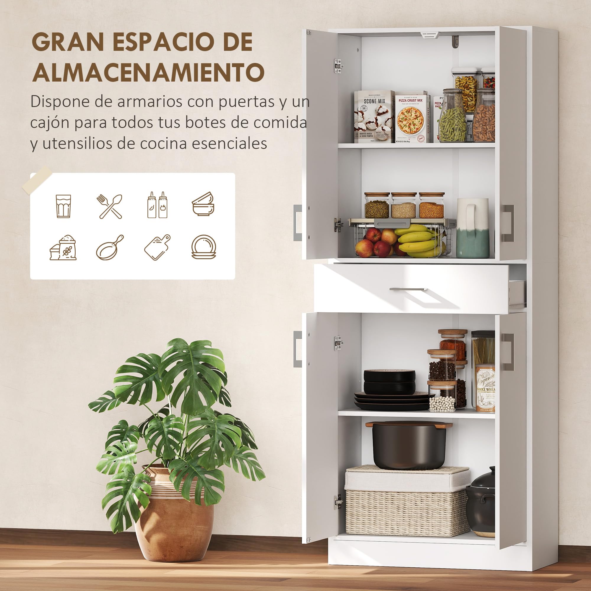 HOMCOM Alacena de Cocina con 4 Puertas 1 Cajón y Estantes Ajustables Antivuelco Armario de Cocina Moderno para Comedor Salón 70,8x34x180 cm Blanco y Plata