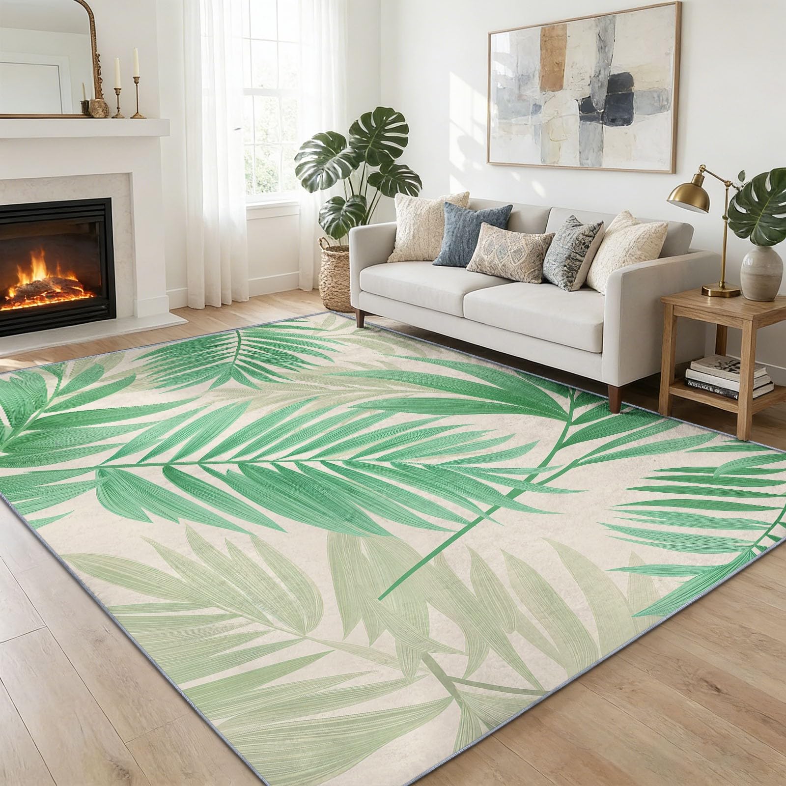 Tapis Salon 160x230 cm Plantes Vert Feuilles de Palmier Rayures, Style Rustique Moquette Imprimé Lavable en Machine - Vert Sauge Tapis Doux Antidérapant pour Chambre à Coucher et Bureau Salle de Jeux