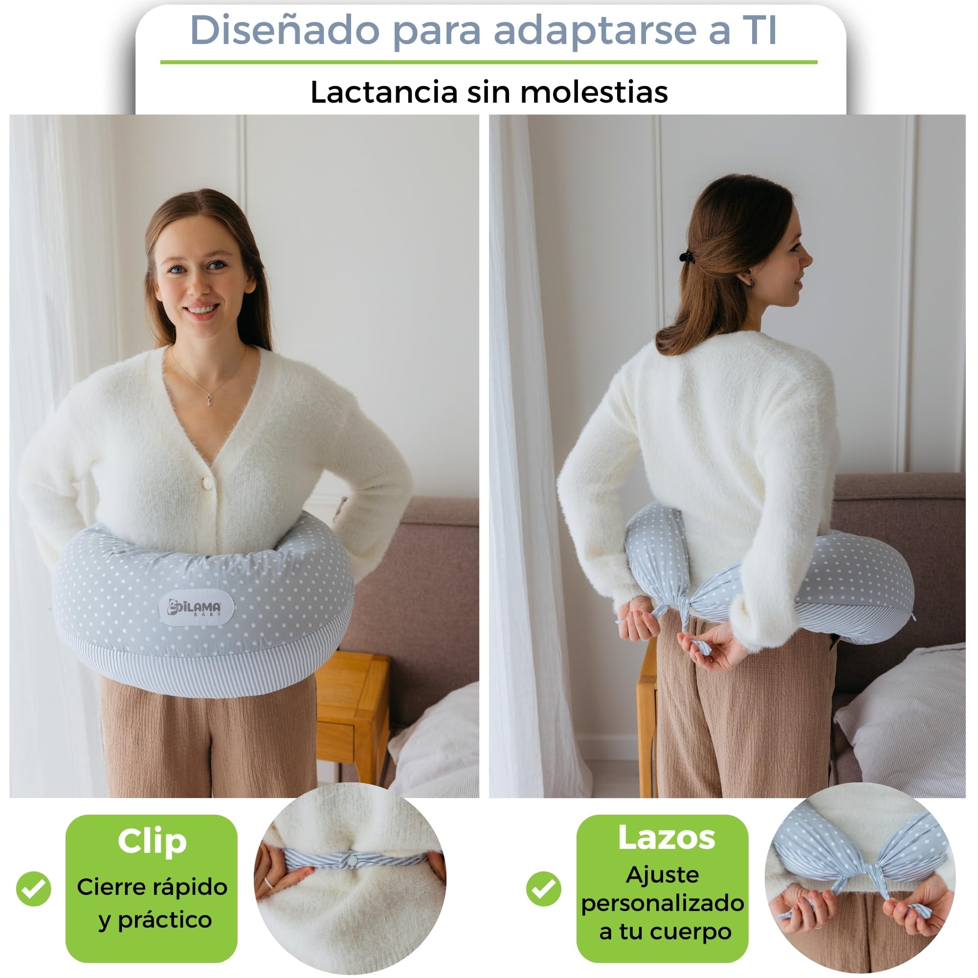 Dilamababy Almohada Embarazada y Cojín Lactancia Bebé Multifuncional | Copos viscoelásticos y microfibras, algodón lavable, dormir de lado, premama, maternidad, regalo original, Made in Italy