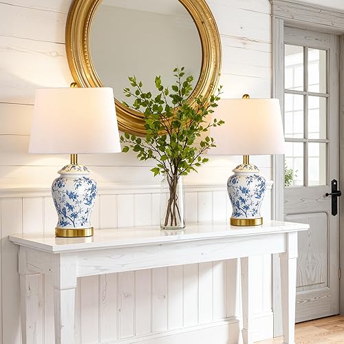 Miniatura 6 de QiMH Juego de 2 lámparas de mesa de cerámica Chinoiserie para sala de estar, lámparas de mesita tradicionales vintage para mesitas de noche, lámpara