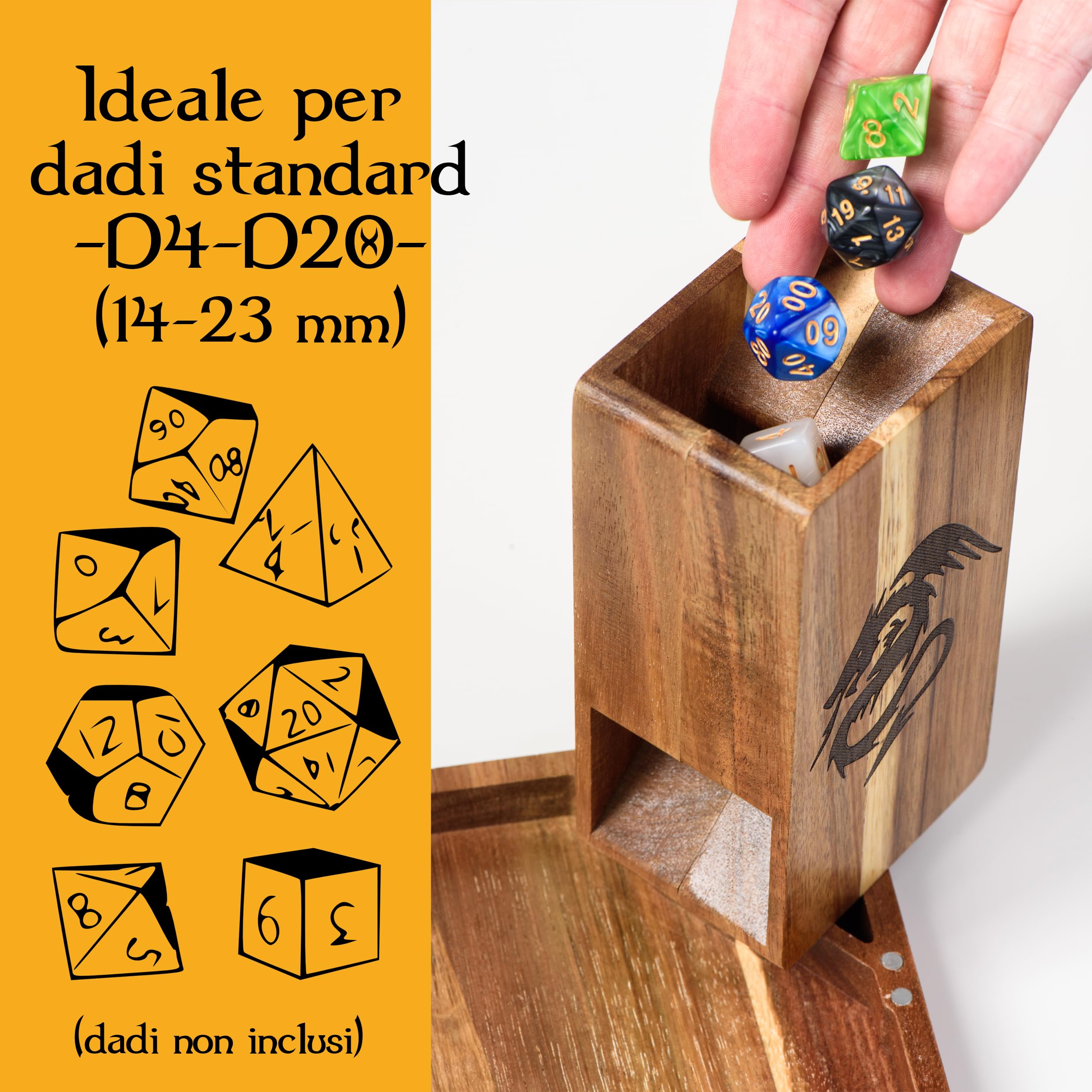 Tapeera DND Gifts - Torre magnetica per dadi in legno con vassoio, accessorio Dungeons and Dragons, portatile, per giochi di ruolo da tavolo