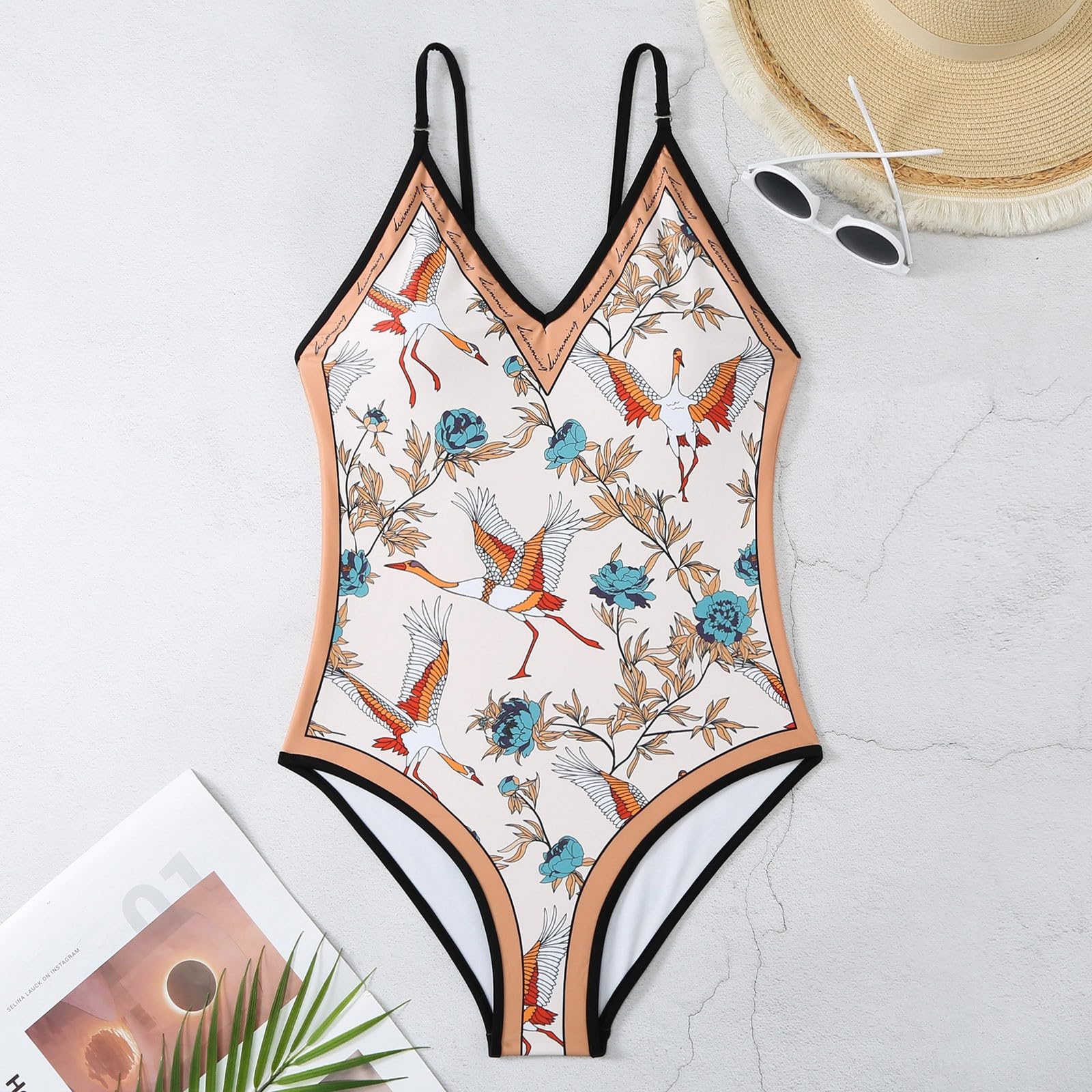 Generisch Costume da bagno da donna stile retrò con scollo a V e gonna da spiaggia copertura avvolgente, due pezzi, bikini set bikini nero da donna