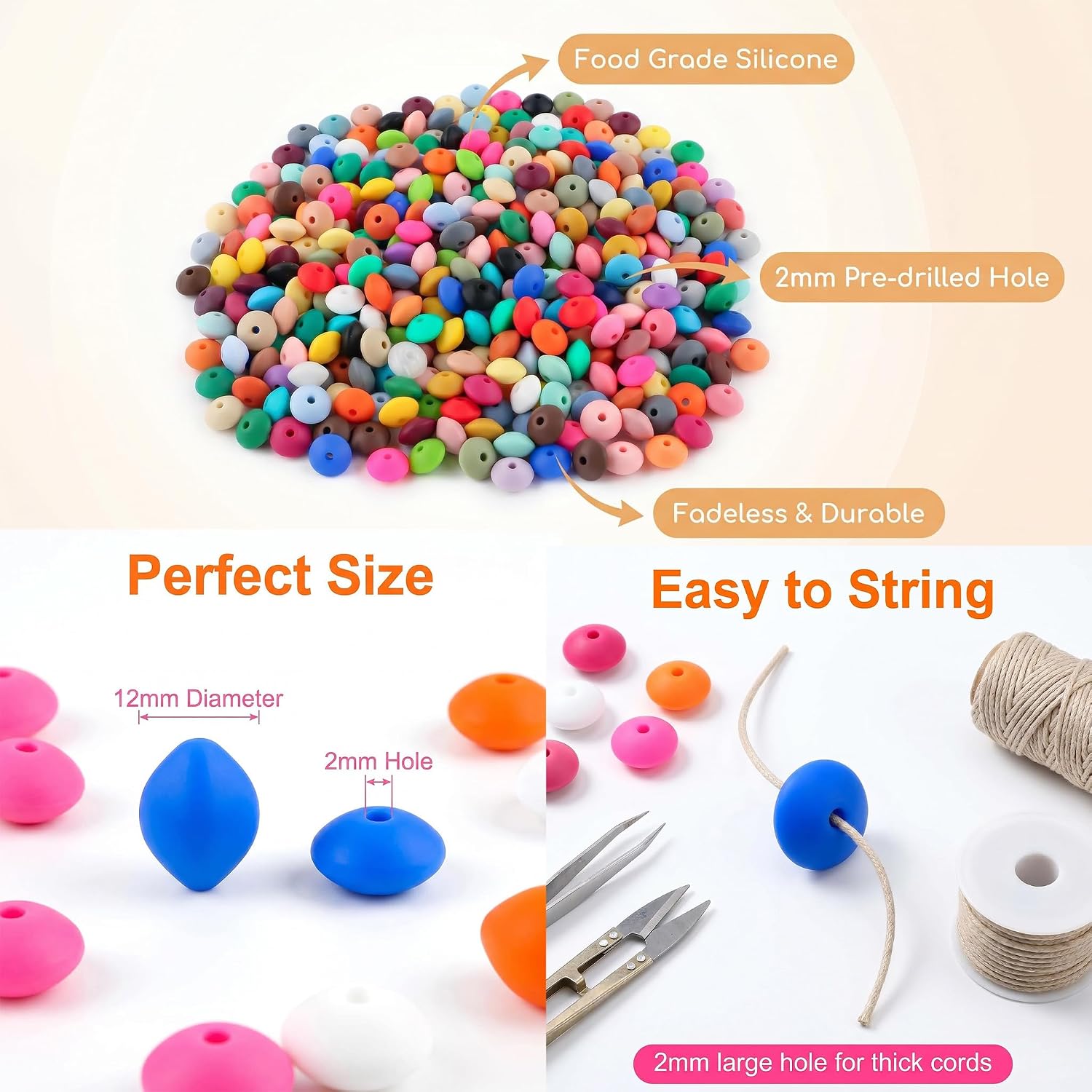 Silicone Lentil Beads 12mm 200pcs with 2mm Hole, Multi Color Silicone Spacer Beads Bulk for Keychain Necklace Bracelet Making, Soft Silicone Abacus Beads for Pens Jewelry Craft Supplies