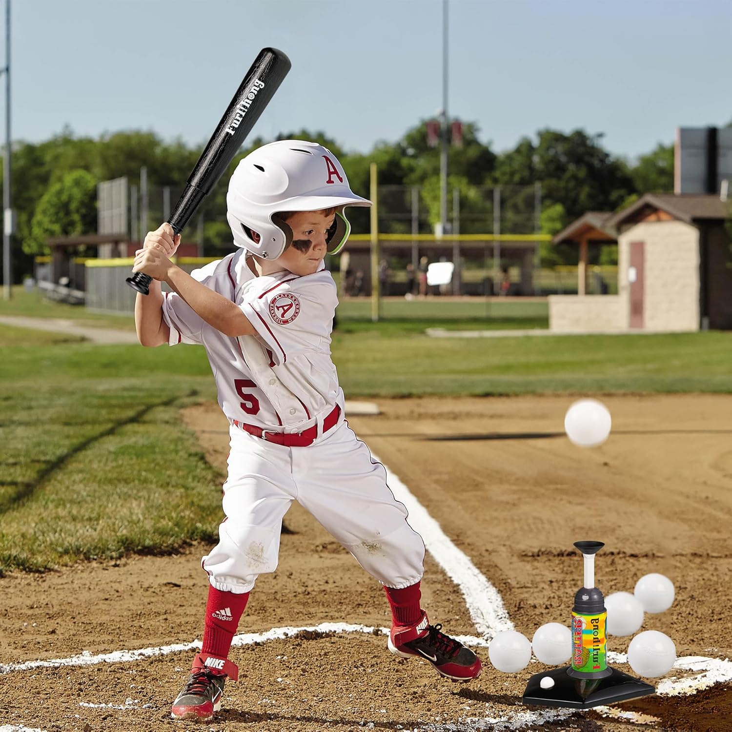 Furlihong 368BH T Ball Set for Kids, Baseball Launcher with Collapsible Plastic Bat and 6 Training Balls, Indoor & Outdoor for Boys & Girls