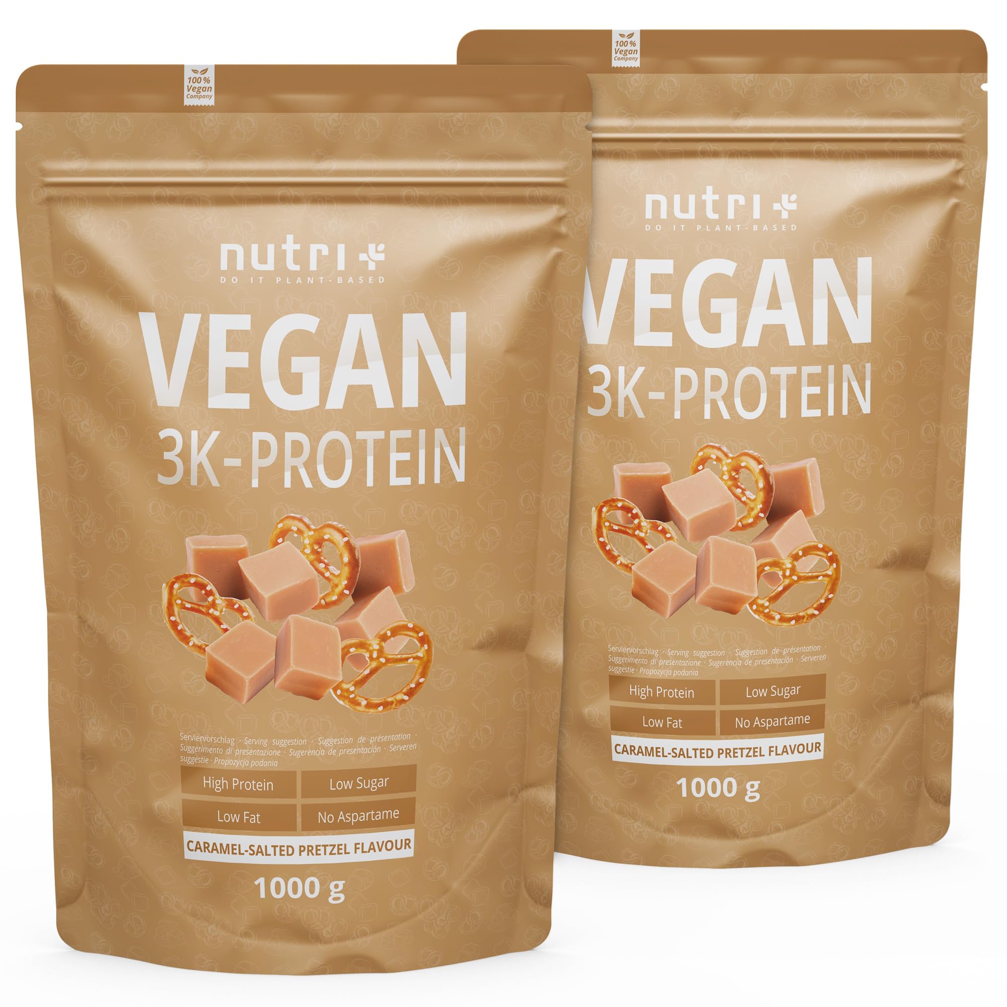 Nutri + Eiweiß Pulver Vegan Salted Caramel Pretzel 2 kg - 3k Protein Salty Bretzel - Pflanzliches Proteinpulver ohne Laktose und Zucker-Zusatz - Eiweißpulver Shake Salzbrezel